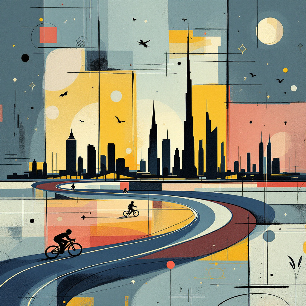 In this solemn abstract birthday card design, a harmonious blend of Abu Dhabi's skyline and the dynamic spirit of running and cycling intertwined with nudge theory unfolds across the canvas. The foreground features an abstract representation of Abu Dhabi's iconic skyline, rendered in a Mondrian-inspired grid of rectangles and squares. Skyscrapers and the famous silhouette of the Burj Mohammed Bin Rashid tower emerge as geometric forms, their sharp edges softened by swirls of Pollock-esque paint drips. These drips subtly morph into an abstract running track that loops across the card, each curve guiding the eye to explore the scene, echoing the principles of nudge theory. 

Within this track, there are fluid, de Kooning-inspired figures of runners and cyclists, their outlines filled with Rothko-like fields of soft, muted colors, suggesting movement and progress. Scattered throughout the scene, Miro-like whimsical symbols hover, representing the gentle pushes of nudge theory—tiny arrows, question marks, and simple geometric shapes, each placed thoughtfully to guide the viewers' gaze. 

High above, in the cloudless expanse of the sky, the name "Jordan" appears subtly yet unmistakably in a series of soft, cloud-like white brushstrokes reminiscent of Agnes Martin’s minimalism. It is surrounded by a faint, shimmering aura, suggesting a birthday celebration without explicit words. The lower edge of the canvas is anchored by a broad swath of Malevich-inspired black, grounding the scene, and lending a sense of calm to the vibrant interplay above.
Generated with these themes: Abu dhabi, Running cycling, and Nudge theory.
Made with ❤️ by AI.