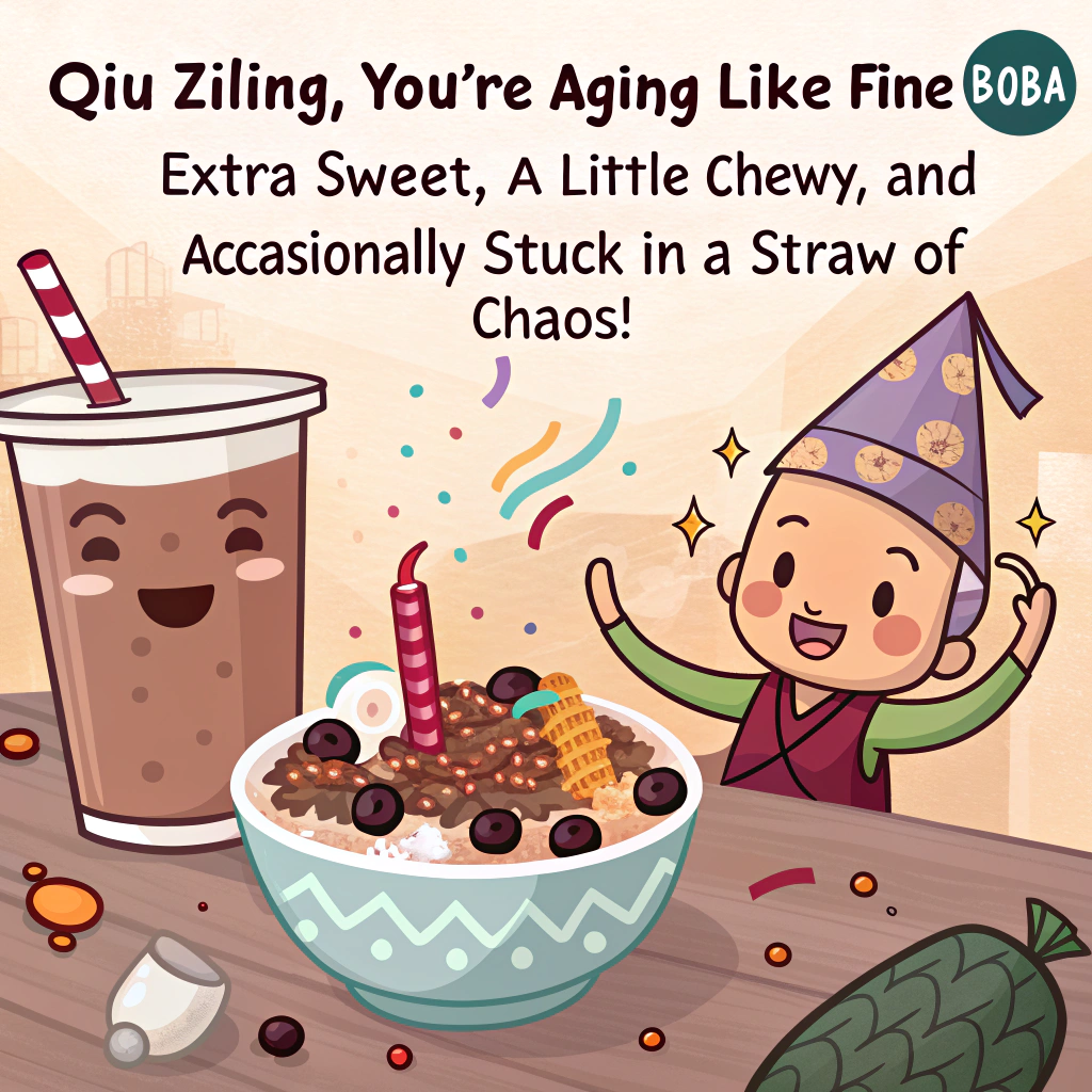 At the top of the image, "邱子玲, you're aging like fine boba—extra sweet, a little chewy, and occasionally stuck in a straw of chaos!"

- In the center of the illustration, depict a lively cartoon-style scene: a bowl of braised pork rice wearing a birthday hat and throwing confetti, sitting at a party table beside an oversized cup of boba tea with big googly eyes and a party blower sticking out of the straw.  
- The boba tea is dramatically “spitting” one tapioca pearl like it's blowing a party popper, aiming right at a slice of birthday cake.  
- Behind them is a “HAPPY BIRTHDAY” banner made from floating bok choy leaves and bubble tea pearls, adding a cheeky foodie flair.
- Everything has a light-hearted, silly energy, with streamers made of noodles and party balloons shaped like tiny dumplings.
Generated with these themes: boba tea and braised pork rice.
Made with ❤️ by AI.