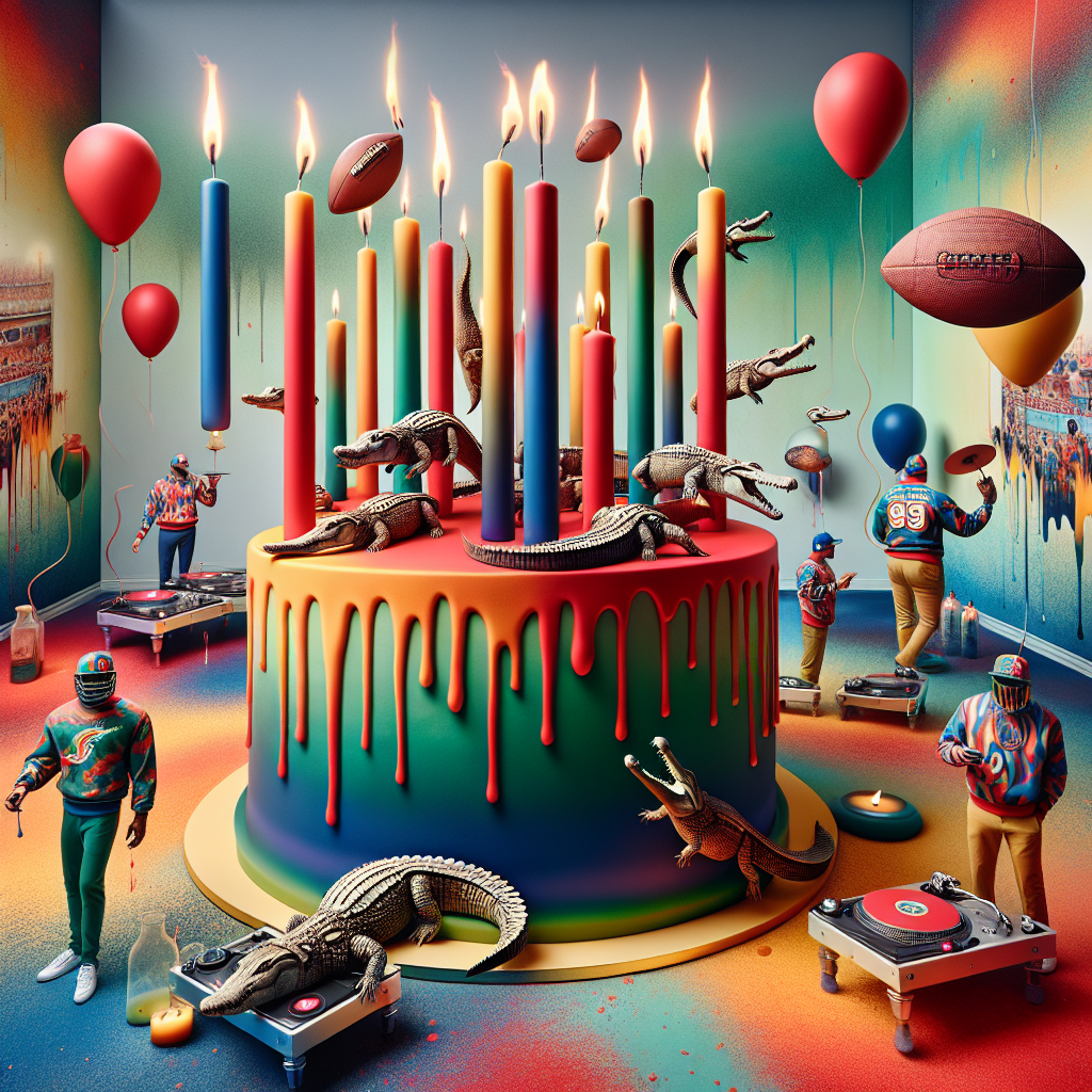 Imagine a whimsical, surreal, and abstract party scene. The centerpiece is a bold, dreamlike cake, decorated explicitly in the colors of a popular football team and adorned with gravity-defying candles shaped like crocodiles. The candles light up and dance in sync to the rhythm of a DJ's beat. Surrounding the cake are artistic splatters of hot sauce, which seamlessly merge into an ethereal wallpaper that morphs from football scenes to DJ turntables. Guests, dressed in clothing inspired by crocodile motifs, float between the realms of reality and imagination.
Generated with these themes: Frank's hot sauce, Manchester United , Crocs , and DJing.
Made with ❤️ by AI.