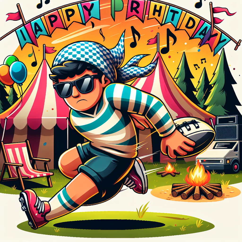 Generate a funny vector illustration with a birthday theme. Include a Middle-Eastern teenage boy character wearing sunglasses, jumping dynamically as he tries to score a try in a stylized rugby match. The background should contain vibrant, festival-style tents and a stage that suggest a music festival, with musical notes floating in the air to signify an ongoing celebration. The scene should be set in a camping area with trees and campfires, conveying a warm and outdoorsy ambiance that aligns with a teenager's adventurous spirit.
Generated with these themes: Rugby, Sunglasses, Teenager, Music festival, and Camping.
Made with ❤️ by AI.