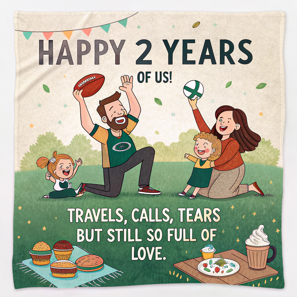 At the top of the image, "Happy 2 years of us! Travels, Calls, Tears but still so full of love."

In the center of the image, illustrate a playful family scene at a picnic blanket. The family includes a football enthusiast dad in a jersey playfully balancing a sushi roll on his head, a mom in a pharmacy-themed apron holding a tray of pistachio ice-cream cones, and a child with wide eyes excitedly cheering on the chaos. The picnic setting is cozy and cheerful, with a football subtly incorporated into the background as part of the family fun.

At the bottom of the image, add "Our love is like sushi and pistachio ice-cream—unexpectedly perfect!"
Generated with these themes: Football, Sushi, Pharmacy,  Family, Pistachio Ice-cream, and .
Made with ❤️ by AI.