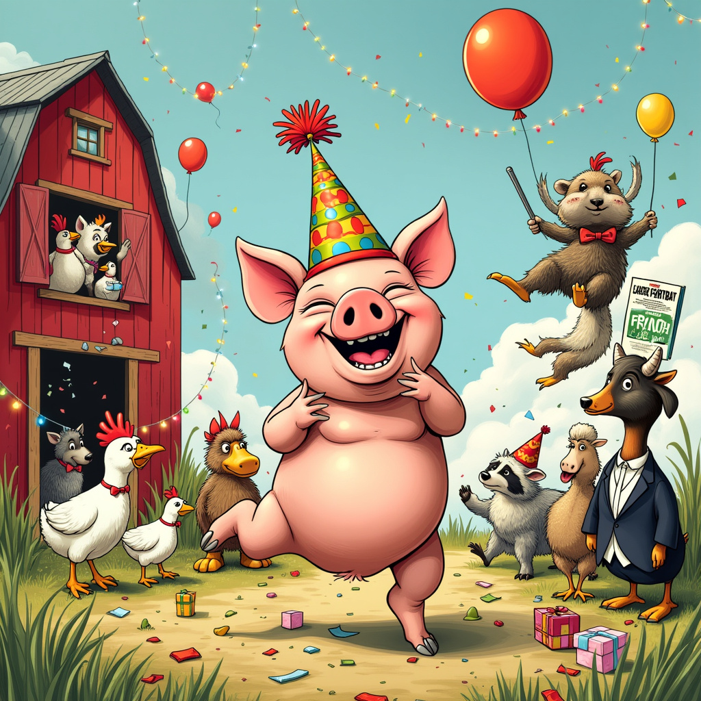 The front cover of this quirky birthday greeting card is a whimsical and delightfully chaotic barnyard scene inspired by a blend of classic cartoonists and comic artists. At the center of the scene stands a jubilant pig named Percy, wearing a bright, polka-dotted party hat that sits slightly askew on his head. Percy is mid-jump, with an enormous grin stretching from ear to ear, and a hoof clutching a brightly colored, oversized birthday cake adorned with multi-colored candles that look like they’re about to tip over.

Surrounding Percy are a collection of farmyard friends, each contributing to the birthday chaos in their unique way. To his left, a group of chickens wearing tiny, festive bowties are pecking at confetti scattered on the ground, while one particularly daring chicken is balanced precariously on a red balloon, floating just above the scene. On Percy's right, a cow with a party horn in her mouth is trying to blow it, but instead of the expected sound, a small flag pops out with the word “Moo!” written in comic letters.

In the background, a classic red barn is festooned with vibrant bunting and strings of twinkling lights, reminiscent of Charles Schulz’s simple yet effective detailing. Leaning against the barn door is a sheep reading a comic book, the cover of which features a parody of Astro Boy, giving a nod to Osamu Tezuka. Above the barn, in a style echoing Bill Watterson’s Calvin and Hobbes, a treehouse is filled with mischievous raccoons tossing water balloons down into the party below, each raccoon’s face frozen in gleeful anticipation.

To the far right, a slightly bemused duck, dressed in a tuxedo jacket and holding a cane, is attempting to light a giant sparkler, which is clearly too heavy for it to handle. The ground is littered with bits of wrapping paper, scattered gifts, and an open box revealing a pop-up cartoonish rendition of Tintin’s rocket from Hergé’s illustrations.

In the sky above, a banner pulled by a tiny plane (drawn in a style reminiscent of Gary Larson’s The Far Side) reads “Happy Birthday!” The plane is piloted by a squirrel wearing aviator goggles, and trailing behind is a trail of cartoon smoke spelling out "Make a Wish!"

All these elements combine to create a dynamic, humorous, and detailed birthday scene that tells the story of Percy the pig’s unforgettable barnyard birthday bash.
Generated with these themes: Pig.
Made with ❤️ by AI.