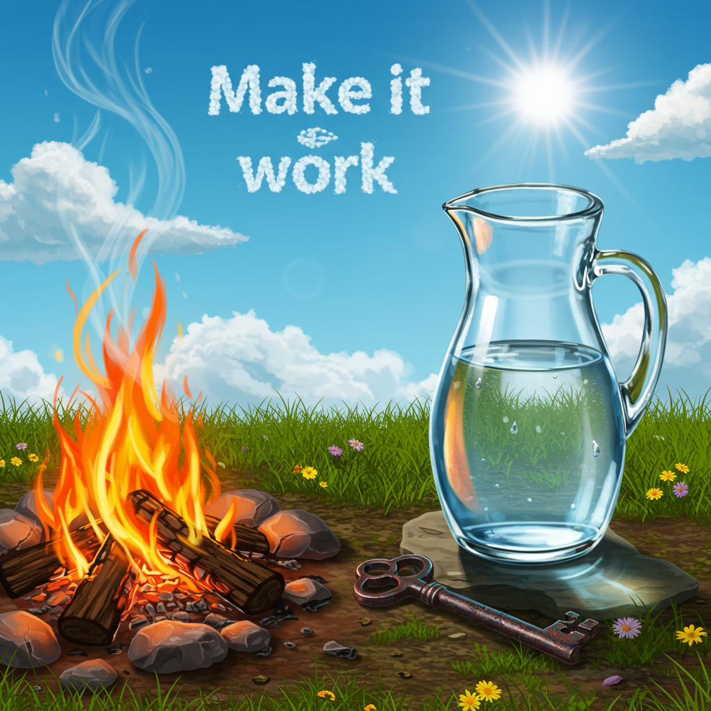 Front Cover Description:

**Foreground Elements:**
1. **Fire:** In the bottom left corner, a highly detailed campfire is illustrated, with bright, dancing flames. The flames are vibrant hues of orange, red, and yellow, with occasional blue tips. Wisps of smoke curl upwards, adding a realistic touch to the fiery scene.

2. **Water:** To the right of the campfire, a pristine glass jug filled with crystal-clear water is prominently placed. The water within the jug has a few gentle ripples, and droplets of condensation can be seen on the jug's exterior, glistening in the imaginary sunlight. The jug rests on a flat, smooth stone surface.

3. **Iron:** Between the fire and water, an intricately designed, antique iron key lies on the ground. The key is slightly rusted, showcasing patches of deep brown and red oxide, but still glints with silver undertones, hinting at its former glory. Its ornate bow is shaped like a small, elaborate fleur-de-lis.

**Background Elements:**
1. **Sky:** The background showcases a clear, cerulean blue sky, lightly dotted with fluffy, white clouds. The sun is positioned in the upper right corner, its rays casting a gentle glow across the entire scene.

2. **Textual Element:** The phrase "Make it work" is cleverly incorporated into the scene. The words are formed by thin, wispy white clouds near the center of the sky, perfectly readable yet seamlessly blending into the airy backdrop.

**Additional Details:**
1. **Ground:** The ground beneath the elements is depicted with a mixture of soft green grass and patches of brown earth. Scattered small, colorful wildflowers—yellow, purple, and pink—peek through the grass.

2. **Shadows and Reflections:** The campfire, jug, and key cast realistic shadows on the ground, consistent with the sun's position. The jug reflects the flames’ flickering light, adding a touch of fiery reflection to its clear surface.

This scene intricately combines the themes of fire, water, and iron, presenting a thank-you greeting card front that captures both realism and creativity in a harmonious design.
Generated with these themes: Fire, Water, and Iron, and Very high.
Made with ❤️ by AI.