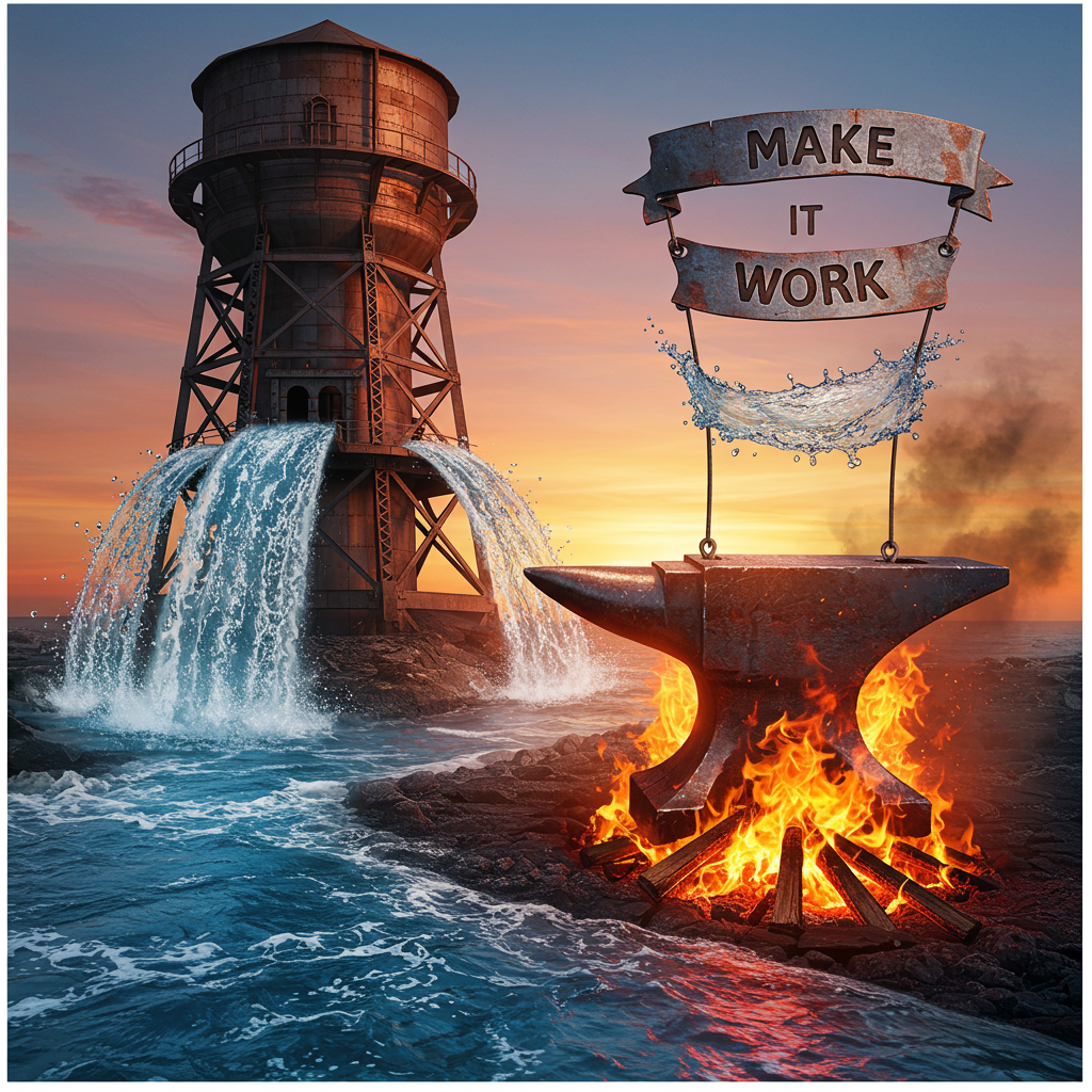 The front cover of the greeting card showcases a high, dramatic, and surreal landscape where elements of fire, water, and iron blend seamlessly. 

**Background:**
The background is a clear, vibrant sky with a radiant sunset, casting a gradient from deep orange to soft pink. High above, a colossal iron structure resembling a steampunk-style water tower rises. Its intricate ironwork glistens under the sunset, reflecting hues of copper and bronze.

**Foreground:**
In the foreground, a striking scene unfolds: a flowing river of water, vivid and lifelike, cascades from the iron tower, its waves rendered in vivid blues and whites. At the base of the tower, an impressive bonfire blazes with tongues of fire reaching upwards. The flames are detailed in shades of red, orange, and yellow, creating a sharp contrast against the cool tones of the water.

**Centerpiece:**
In the center of this chaotic yet harmonious scene, an oversized iron anvil stands, half-submerged in the river, and partially engulfed in the flames. The anvil's polished surface captures reflections from both the fire and water, creating a mesmerizing interplay of light and shadow.

**Text Element:**
Floating in the sky above the scene, a whimsical, yet robust iron banner unfurls, held aloft by delicate hot air balloons made of water and fire. The text "Make it work" is emblazoned on the banner in a bold, metallic font, as if forged from the very iron of the scene, capturing attention against the backdrop of the vibrant sky.

This composition brings together elements of nature and industry, illustrating a striking and imaginative thank-you card front cover.
Generated with these themes: Fire, Water, and Iron, and Very high.
Made with ❤️ by AI.