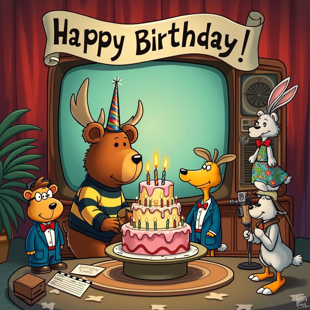 Wearing moose antlers, and Being in a TV studio Birthday Card