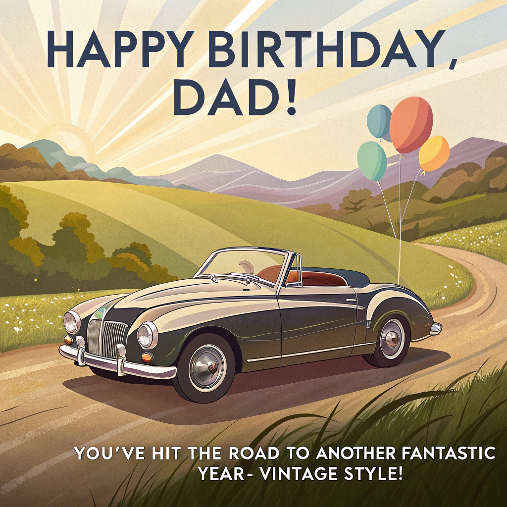 At the top of the image, "Happy birthday, dad!":

At the bottom of the image, "You've hit the road to another fantastic year—vintage style!" 

- Capture a photorealistic scene featuring a charmingly restored vintage car parked against a backdrop of a sunlit, idyllic countryside. The car gleams under the soft morning light, its classic chrome details reflecting a rainbow of colors. In the distance, rolling hills provide a picturesque setting, while a cluster of colorful balloons tied to the car’s antenna gently sway in the breeze, adding a playful, celebratory touch to the image.
Generated with these themes: Vintage cars, and .
Made with ❤️ by AI.