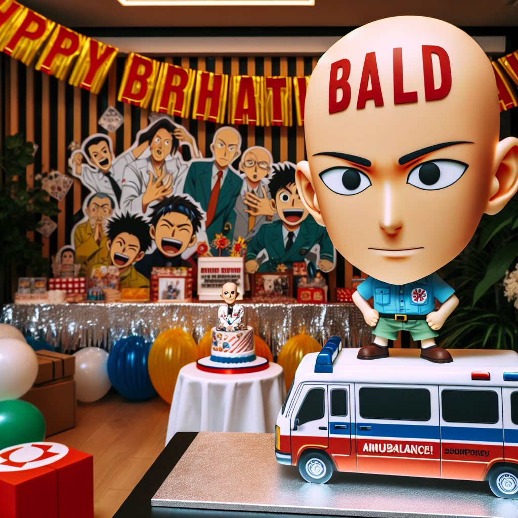 A room full of joy and laughter, decorated with a fun birthday banner that proclaims 'Bald is Bold'. Dominating the scene is a life-sized cutout of an ambulance, humorously dressed in animated-style boxer shorts. The centerpiece of the party, a birthday cake, features an edible figure showcasing a smooth, bald head. Sirens of good humor echo throughout the room, tying together the celebratory theme that humorously appreciates the birthday person's baldness and their profound love for Japanese animated shows.
Generated with these themes: Being bald, Ambulances , and Dragon ball z shorts.
Made with ❤️ by AI.