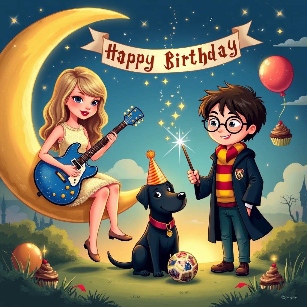 On the left side of the birthday-themed illustration, Taylor Swift is depicted as an animated character with her signature blonde hair and red lipstick, strumming a pastel-colored guitar adorned with tiny, sparkling notes. She's seated on a crescent moon, wearing a glittery dress that mimics the night sky. Below her, a festive Chelsea Football Club banner stretches across the scene, with the club's emblem prominently displayed. To the right, a cheerful, cartoonish Harry Potter stands, wearing his recognizable Gryffindor robe and round spectacles, a wand in his hand emitting a trail of magical, shimmering stars that intertwine with the melody from Taylor's guitar. In the center of the scene sits a black Labrador, looking content and sporting a bright birthday hat. The Labrador holds a football in its paws, the ball itself intricately painted with scenes from Harry Potter. The background shows a whimsical, candy-colored sky blending seamlessly into the mystical backdrop of Hogwarts, with floating cupcakes and balloons anchored by chocolate frogs tied to their strings.
Generated with these themes: Taylor swift , Chelsea football , Harry potter , and Black Labrador .
Made with ❤️ by AI.