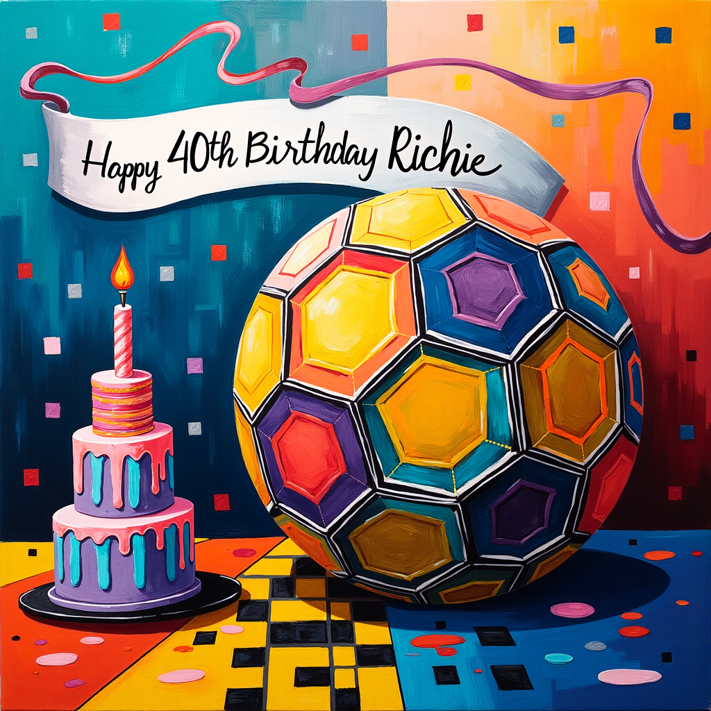 Front Cover Description:

The canvas bursts with vibrant, intersecting geometric shapes and expressive brushstrokes, setting the scene for a unique birthday celebration.

**Background**: A bold backdrop of layered, swirling brushstrokes in hues of electric blue, bright yellow, and deep crimson covers the top half, reminiscent of Jackson Pollock's energetic splatters. The lower half contrasts with a grid-like arrangement of primary-colored rectangles and squares in the style of Piet Mondrian, using crisp lines of black to define each shape.

**Central Imagery**: 

- **Football**: A large, abstract representation of a football takes center stage, made up of hexagonal and pentagonal patterns. Each shape is filled with dynamic patterns of crisscrossing lines and vibrant colors, inspired by Cy Twombly's playful mark-making, using a palette of emerald green, sunset orange, and midnight black.

- **Birthday Cake**: To the left, a tiered birthday cake constructed from a series of trapezoids and triangles sits on a checkered base, echoing Kazimir Malevich's love for geometric abstraction. The cake is painted with splashes of candy pink, lavender, and metallic silver.

- **Banner**: Suspended across the top, a flowing, ribbon-like banner in vivid violet snakes through the scene. The text "Happy 40th Birthday Richie" is scrawled across it in a looping, cursive script that resembles the spontaneous lines of Joan Miró, painted in bold white with accents of teal.

**Additional Elements**:

- **Confetti**: The air is filled with abstract confetti, tiny ovals and irregular polygons in neon lime, tangerine, and sky blue, scattered liberally throughout, mimicking the spontaneous energy found in Kandinsky's work.

- **Sky**: Above the banner, the sky is a Rothko-inspired gradient of soft pastels transitioning from a serene peach to a calming lavender, hinting at a dusky celebration.

The overall composition is a vibrant, chaotic celebration of shapes and colors, perfectly capturing the joyous spirit of Richie's milestone 40th birthday through an artistic lens that balances abstraction with thematic elements.
Generated with these themes: Football .
Made with ❤️ by AI.