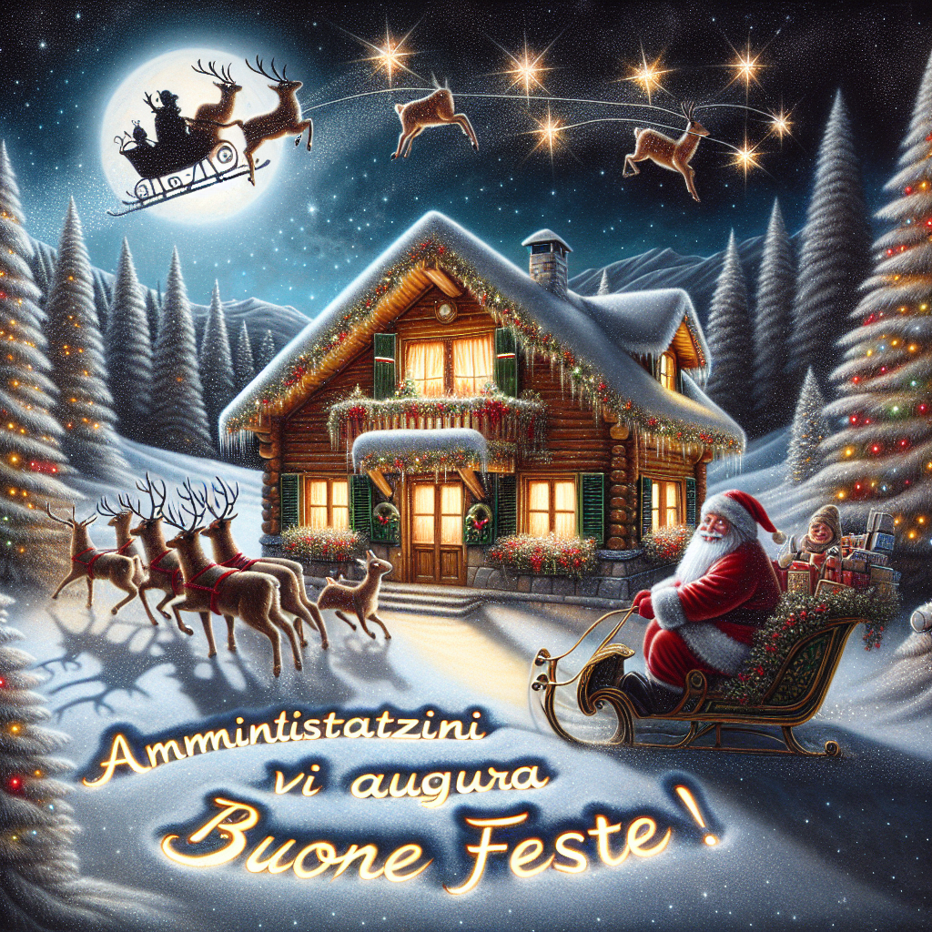 A cozy snow-covered cottage with a glow from its windows sits amidst pine trees, all under a starry night sky. Santa is seen in his sleigh flying in the background. The word 'CHRISTMAS' is spelled out in the snow in front of the cottage, and the text 'AMMINISTRAZIONI MOMA VI AUGURA BUONE FESTE!' is written in elegant script in the sky above.
Generated with these themes: CHRISTMAS.
Made with ❤️ by AI.
