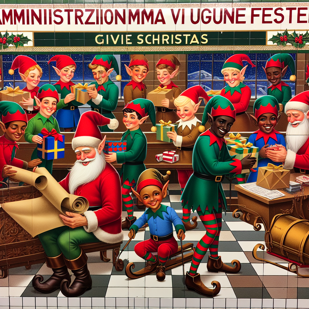 A cheerful illustration of Santa’s elves wrapping gifts and preparing the sleigh in a bustling workshop. The letters spelling 'CHRISTMAS' are hanging as colorful decorations above the workshop. In the corner of the scene, the phrase 'AMMINISTRAZIONI MOMA VI AUGURA BUONE FESTE!' is integrated into the wallpaper pattern.
Generated with these themes: CHRISTMAS.
Made with ❤️ by AI.