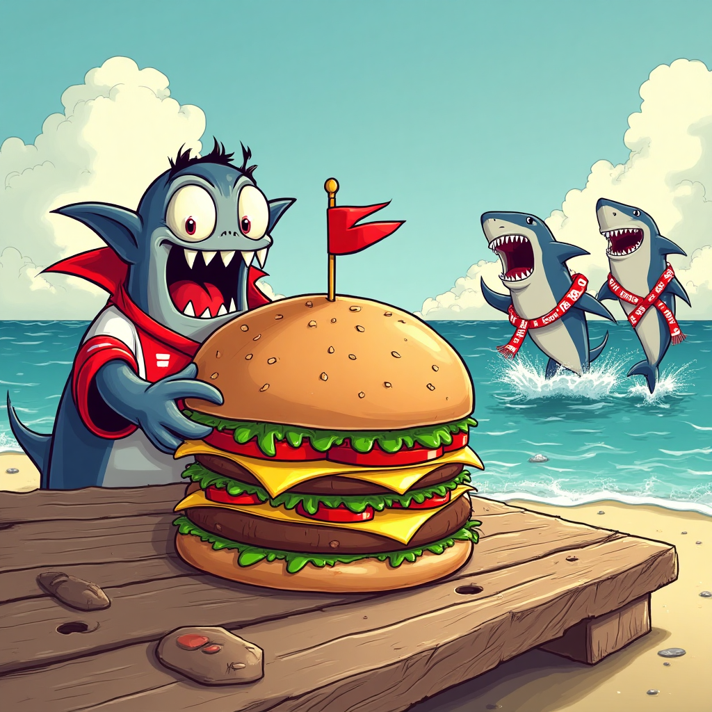 At the bottom of the Illustration Style image, include the text: "Happy Burt Day!"

**Image Description:**

In the foreground, a giant, juicy burger sits on a wooden picnic table, layers of cheese, lettuce, and tomatoes almost slipping out of its buns. Peeking out from behind the burger, a cartoonish Dracula, sporting a Tottenham Hotspur jersey, is reaching out with his fangs bared in a playful, exaggerated fashion, as if he's about to take a big bite. 

In the background, a humorous scene unfolds with sharks donning Tottenham Hotspur scarves, leaping joyfully out of the ocean waves, celebrating as though they're cheering on their favorite team. Their toothy grins match the light-hearted and comical tone of the card.

The warm color palette brings out the sunny day, and fine linework highlights the details in the characters and the burger, creating a lively and whimsical birthday scene. The composition is balanced with all elements drawing the viewer's eyes towards the center, where the burger and Dracula playfully vie for attention.
Generated with these themes: Burgers, Sharks, Dracula, Tottenham Hotspur, and .
Made with ❤️ by AI.