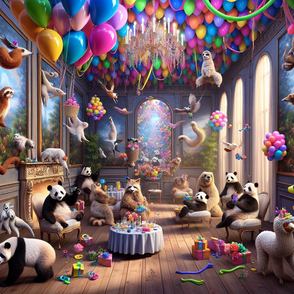 Imagine a room that distorts like a scene from a Surrealist painting, alive with celebration. The walls are decorated with bright streamers and air-filled balloons that seemingly swim in the air resembling tranquil aquatic creatures. Pandas elegantly graced in bow ties and party hats balance gifts expertly with their skilled paws. Owls, dressed in feathered vests, flutter about, disseminating invitations to celestial bodies. Sloths dangle in a slowed dance, twirling colorful ribbons, while glitter-coated alpacas socialize with guests, kindly offering gentle nudges. Central to the revelry, Maine coon cats, eyes gleaming with wisdom, navigate through an indoor forest of balloon-based trees, subtly controlling the jubilant turmoil with a mere sway of their plush tails.
Generated with these themes: Pandas, Owls, Sloths, Alpacas, and Maine coon cats.
Made with ❤️ by AI.
