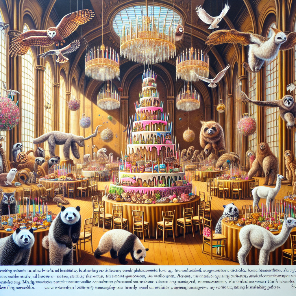 Visualize a spectacle of a birthday celebration where natural principles are whimsically altered, set inside a warm yet impressive feast hall. Tower-like birthday confections wobble amusingly, embellished with pandas joyously sampling bamboo-tasting icing. Owls, with eyes as expansive as the segments of moon hung above, function as sage festivity monitors, vocalising in harmony with the tuneful birthday melody. Sloths dangle from ornamented chandeliers, unhurriedly stretching for party goodies, while alpacas wander elegantly among the attendees, their feathery fur merging with indoor hovering clouds. Maine coon felines, with their plush fur and fluffy ears, perch royally on throne-reminiscent chairs, governing over this unusual and merry gathering.
Generated with these themes: Pandas, Owls, Sloths, Alpacas, and Maine coon cats.
Made with ❤️ by AI.