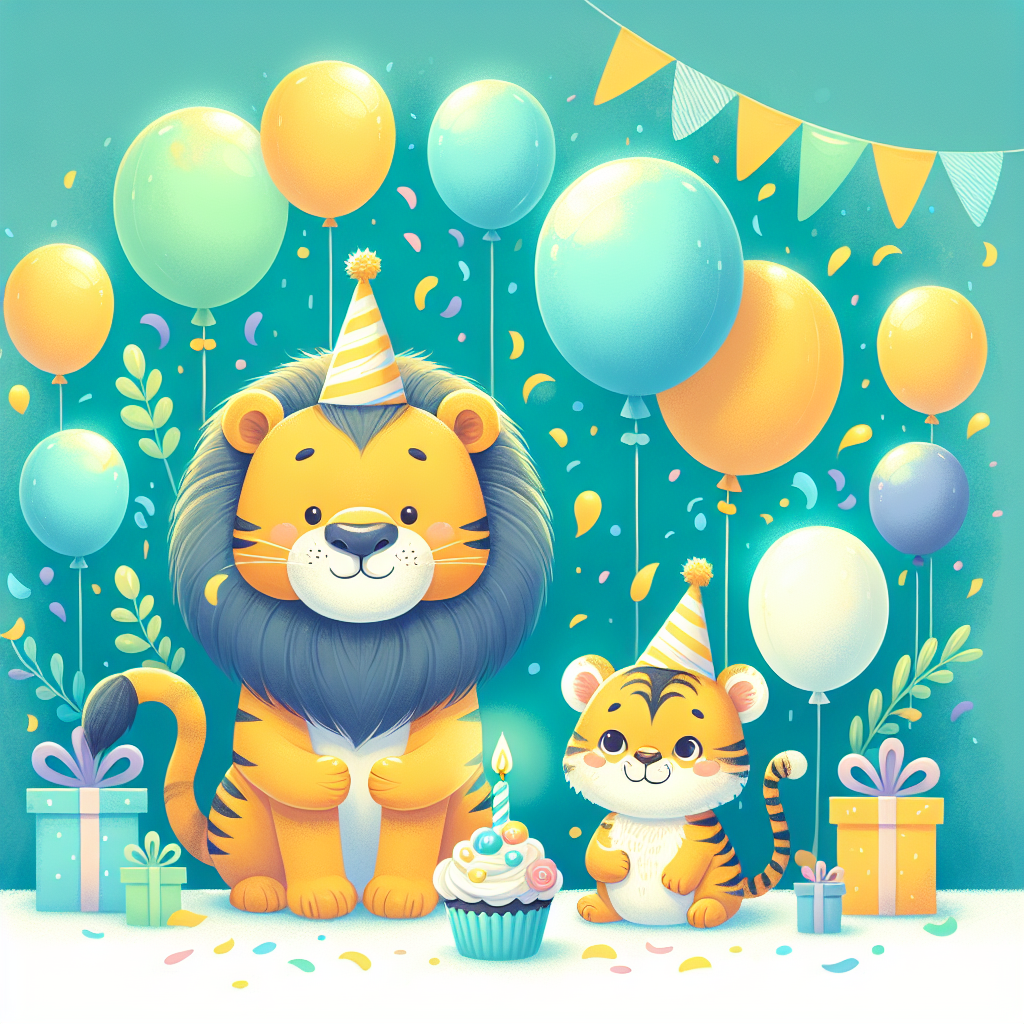 Create a whimsical, adorable illustration depicting a birthday party. At the center of the scene, a lion and tiger are portrayed as a friendly family. These amicable animals are surrounded by vivid cyan and soft yellow balloons and party decorations, with confetti gently falling around. The tiger parent is holding a cupcake with a single lit candle, and the lion cub sports a tiny party hat. Both are wearing broad, warm smiles, contributing to the joyful atmosphere of the celebration.
Generated with these themes: lion tiger family cyan yellow.
Made with ❤️ by AI.