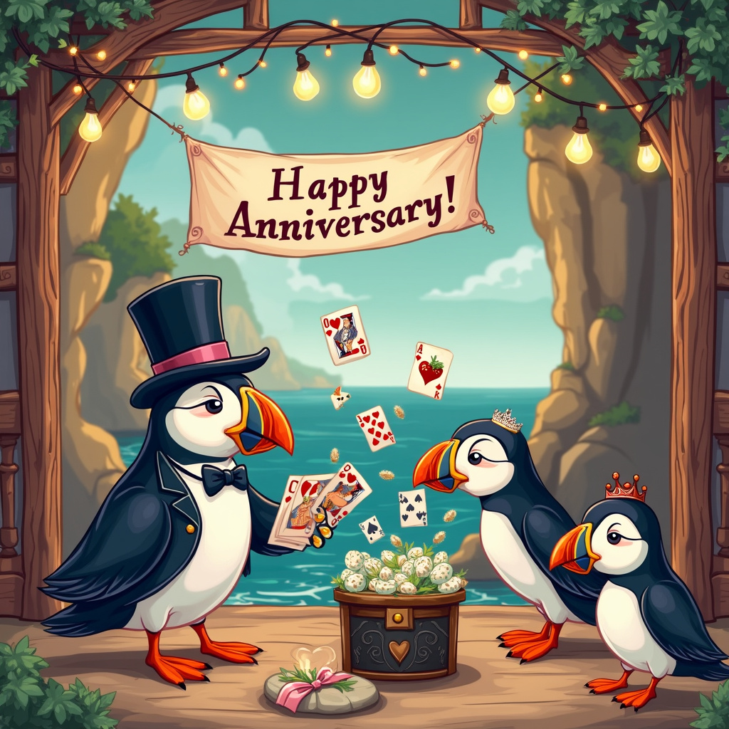 Puffins, and Card magic Anniversary Card
