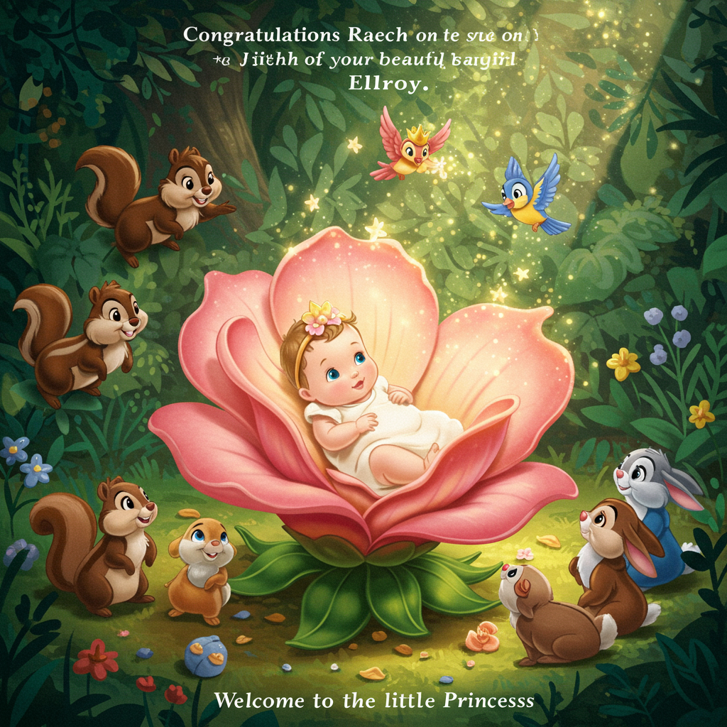 At the top of the Illustration Style image, write: "Congratulations Raech on the birth of your beautiful baby girl Ellroy!"

**Image Description:**
Create a charming and enchanting scene set in a magical forest reminiscent of Disney's whimsical style. In the center of the illustration, depict a serene and adorable baby girl nestled in a cradle made from a large, blooming flower, her delicate features highlighted by the soft glow of sunlight streaming through the canopy. Surrounding the flower cradle, lively forest creatures such as chipmunks, rabbits, and birds gather with expressions of joy and wonder, celebrating the new arrival. The scene is vibrant with a warm color palette of pinks, greens, and golds, capturing the essence of new beginnings and the wonder of life. To enhance the scene, add a playful and heartwarming text at the bottom: "Welcome to the World, Little Princess!"
Generated with these themes: Disney, and .
Made with ❤️ by AI.