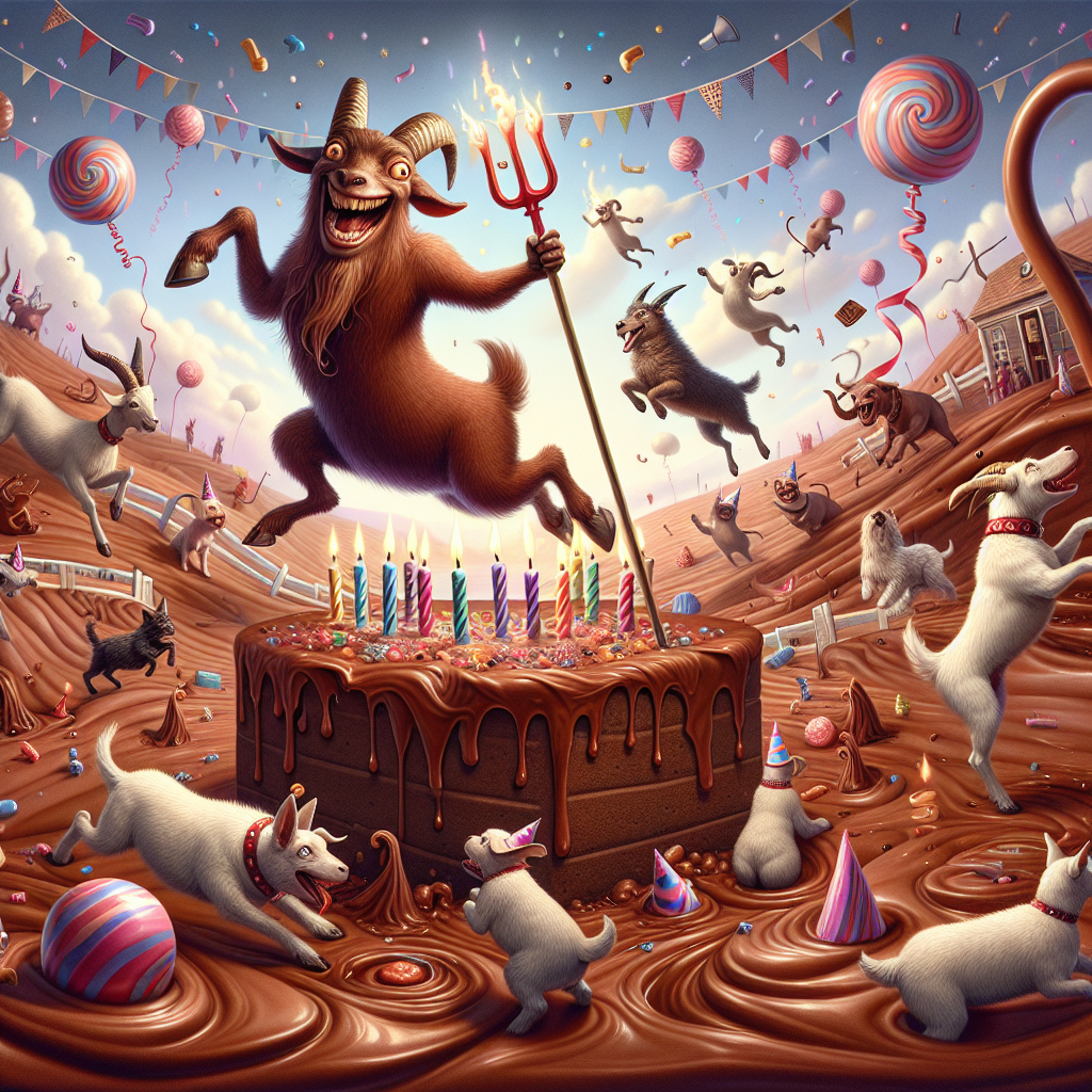 A whimsical birthday scene set in a fantastical chocolate-like landscape where playful goats leap about. Their bounding hooves make trails of cocoa swirls. Dogs and cats, sporting festive party hats, dart in and out of sweet confection craters. At the center of the celebration stands a cheeky devil character, it laughs merrily while holding a large pitchfork. The pitchfork is topped with birthday candles that radiate with an uncanny glow, bathing the party goers in surreal light. The sky overhead, pulsating with soft candy-colored hues, suggests an unusual intersection between infernal pleasure and birthday celebrations.
Generated with these themes: Goats, Chocolate, Dogs, Cats, Devil, and Hell .
Made with ❤️ by AI.