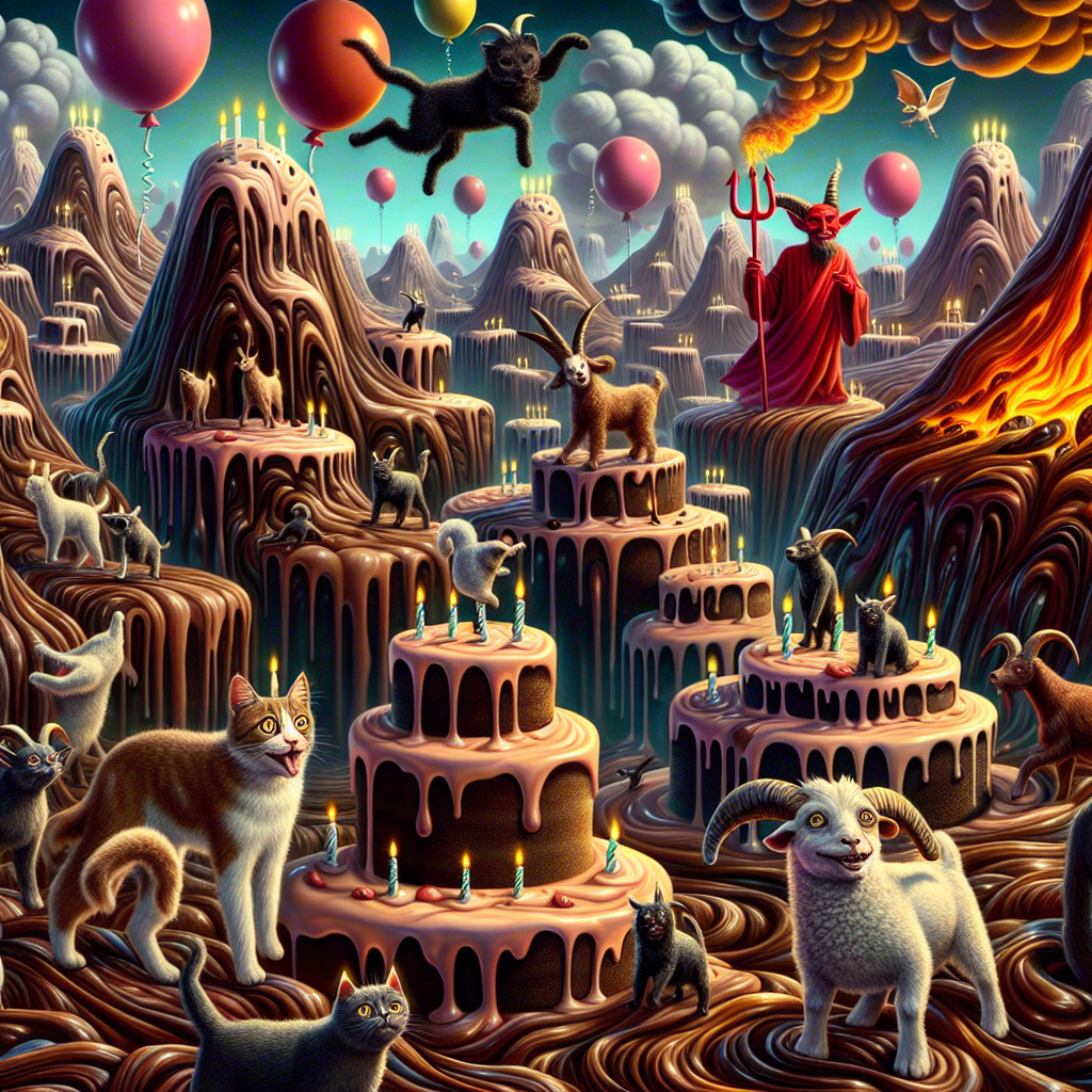 Enter a dreamlike birthday realm where cats and dogs with exaggerated, fantastical features frisk among hills of dark chocolate flowing like lava. Witness mischievous goats with spiraling horns balancing on these sweet treats, nibbling with joy. Amid the delectable chaos, observe a benign devil, adorned in celebratory attire, offering slices of a towering inferno cake to all present. The backdrop of this scene is a surrealist terrain that confuses delight with madness, bathed in the soft illumination of numerous candles whose flickering light appears to choreograph an intimate ballet with the shadows they cast.
Generated with these themes: Goats, Chocolate, Dogs, Cats, Devil, and Hell .
Made with ❤️ by AI.