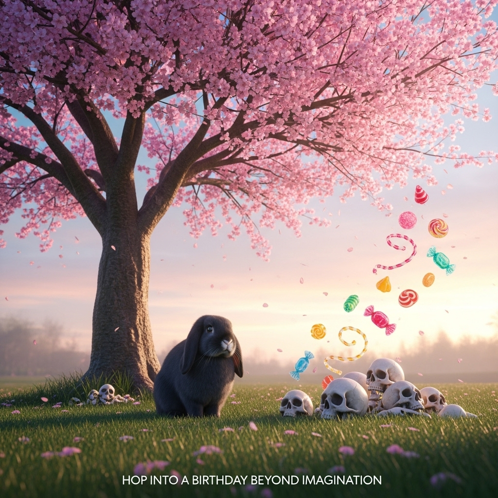 Black lop, Black rabbit white nose , Love, Skulls, Sweets , Cherry tree , and Birthday Card