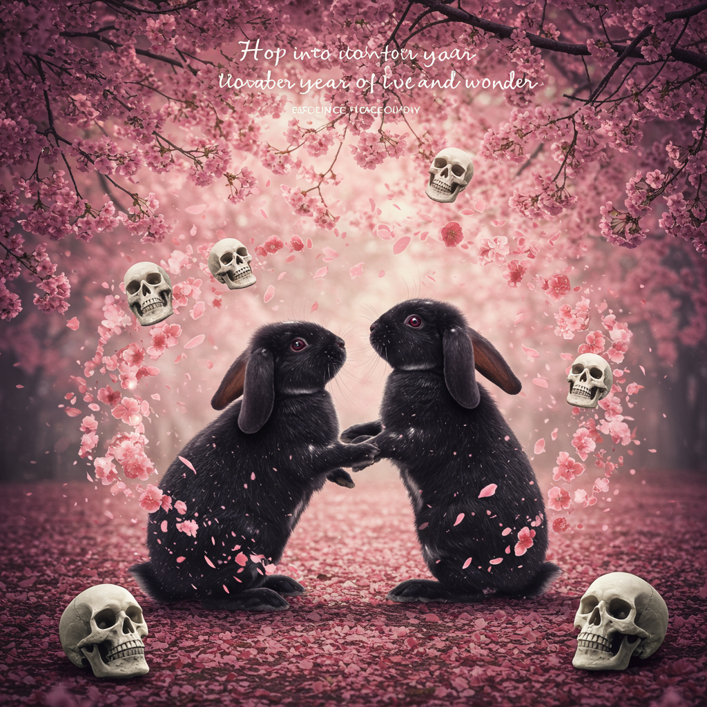 , Black rabbit with a white nose , Black lop rabbit , Cherry blossom , Love , Skulls, and Birthday Card