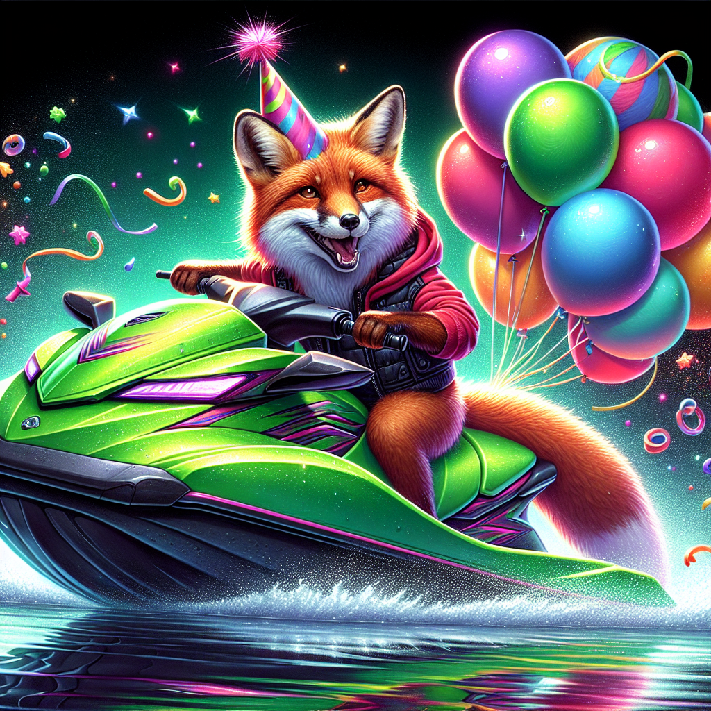 Imagine a charming fox, decked out in a festive party hat, confidently steering a vibrant neon green jetski that seems to hum with energy. This jetski cuts smoothly across a glossy expanse of water, leaving in its wake a playful spray that sparkles in the sunlight. A cluster of balloons in a multitude of inviting and lively colors float in the air, anchored to the rear of the watercraft, bouncing rhythmically with the motion of the waves. The fox, with its grin of pure joy, boasts fur of a deep russet color, creating a stunning contrast against the lustrous green of the jetski, exuding an aura of both warmth and vivacity.
Generated with these themes: Fox riding a Neon green jetski.
Made with ❤️ by AI.