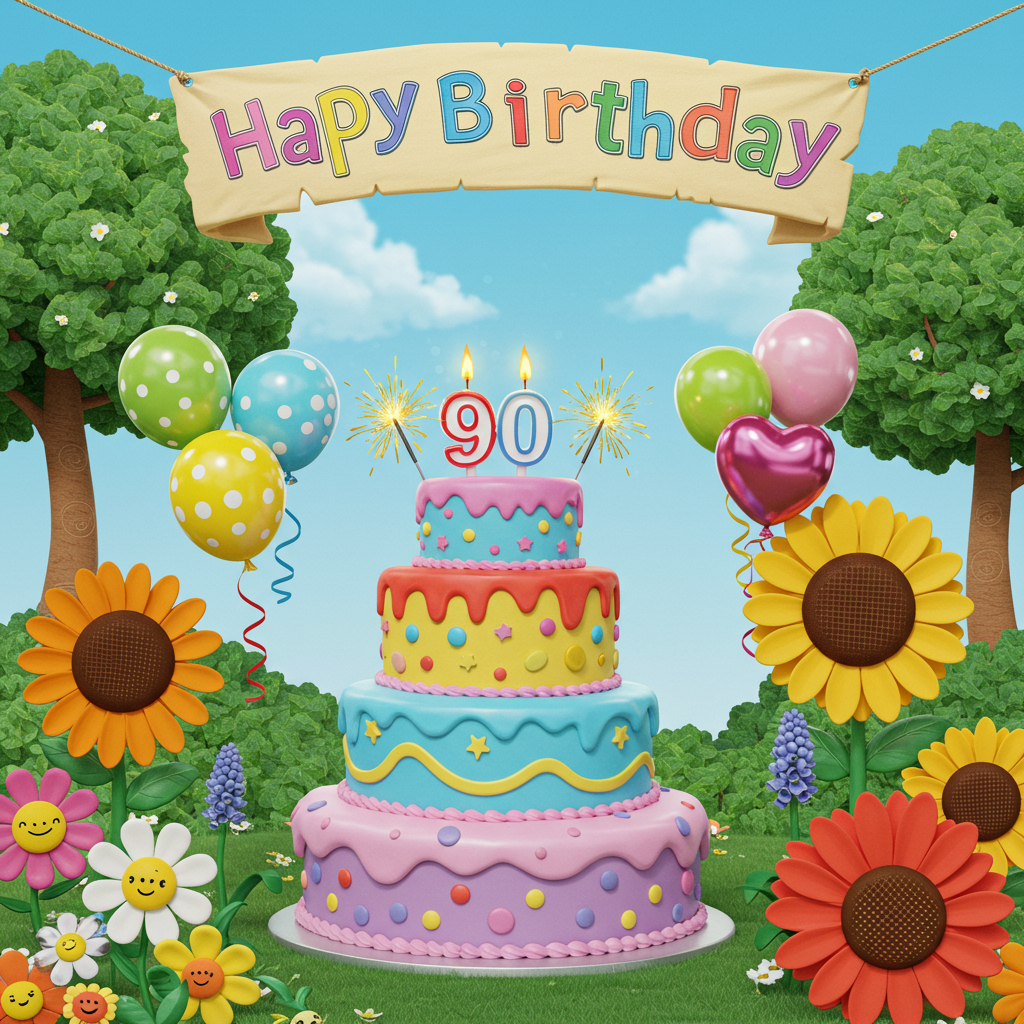 Front and center, imagine a whimsical, cartoonish birthday scene bursting with vibrant colors and playful details, channeling a mix of the iconic styles of Charles Schulz and Walt Disney.

**Main Scene:**
1. **Cake**: A towering, comically oversized three-tiered cake sits slightly off-center. Each tier is brightly decorated: the bottom layer is frosted in a vivid lavender with pink polka dots; the middle tier flaunts sky blue icing with cheerful yellow stripes; and the top layer is a bold red with tiny white stars. Crowning the cake are sparklers and a large numeral "90" candle, flamboyantly flickering in a rainbow of colors.

2. **Balloons**: Flanking the cake are clusters of balloons, wildly exaggerated in size, some nearly as large as the cake itself. Each balloon boasts a unique pattern or shape—a polka-dotted green one, a yellow one with zigzag stripes, a heart-shaped pink one, and a glossy metallic silver one. Each string curls whimsically downward.

3. **Flowers**: Surrounding the base of the cake are cartoonishly large, vividly colored flowers. Giant daisies with oversized petals of orange and red, sunflowers with wide, smiling faces at their centers, and tall, thin bluebells all intermingle. The flowers seem to lean in slightly, as if they’re peering at the cake.

**Background:**
1. **Sky**: The backdrop is a clear, cerulean sky, reminiscent of a calm, sunny day. A soft gradient hints at the playful shadows and light typical in Disney or Schulz settings.

2. **Banner**: Draped above the scene, suspended between two whimsical trees with trunk spirals and puffy, cloud-like foliage, is a large banner. It unfurls like a festive ribbon and bears the text "90th Birthday" in bold, curly, comic-style letters. The letters are multicolored, matching the vibrancy of the scene below.

3. **Ground**: The ground is a simple patch of vivid green, a cartoonish lawn speckled with tiny white daisies and a couple of curious, googly-eyed ladybugs peeking out from the grass.

**Characters** (optional): You might include tiny figures—perhaps quirky animals like a squirrel with an exaggerated bushy tail holding a small gift or a pudgy, wide-eyed bird perched on the cake, beak open in surprise.

This playful composition will capture the joy and milestone of a 90th birthday with all the color, whimsy, and exaggerated charm inspired by some of the greats in cartoon and comic art.
Generated with these themes: 90th Birthday , Flowers , Cake , and Balloons .
Made with ❤️ by AI.