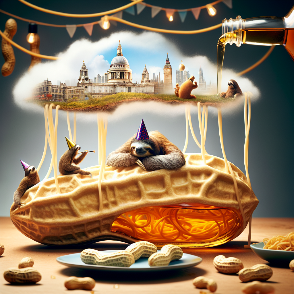 Create an eccentric birthday dreamscape where on an island shaped like a peanut, you can see sloths wearing party hats, taking it easy among strands of noodles. The island floats in mid-air against a backdrop of a celebratory setting. A bottle of whisky takes center stage, within which, with each pour, a different iconic architecture from London emerges in its amber hue. The peaceful aura of meditation is discernable amidst the festive accessories, like peanut garlands. This scene of leisurely birthday merriment takes place under the symbolic observation of the city of London.
Generated with these themes: Whisky, Meditation, Spirituality, Maggi noodles, View of London, Peanuts, Sloths, and Birthday.
Made with ❤️ by AI.