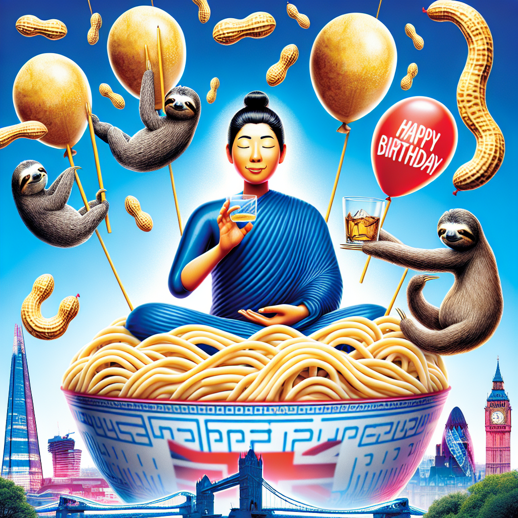 Create a whimsical birthday image full of surreal charm, featuring a serenely meditating individual of South Asian descent, floating above an inflated bowl of noodles. The figure is holding a glass of whisky, reflecting a silhouette that resembles the iconic London skyline. The tranquil figure radiates a spiritual aura, encapsulated within a humorous scene with sloths playfully dangling from balloons shaped as peanuts. The backdrop is a vivid London cityscape that intertwines seamlessly with the jubilant spirit of a birthday celebration.
Generated with these themes: Whisky, Meditation, Spirituality, Maggi noodles, View of London, Peanuts, Sloths, and Birthday.
Made with ❤️ by AI.