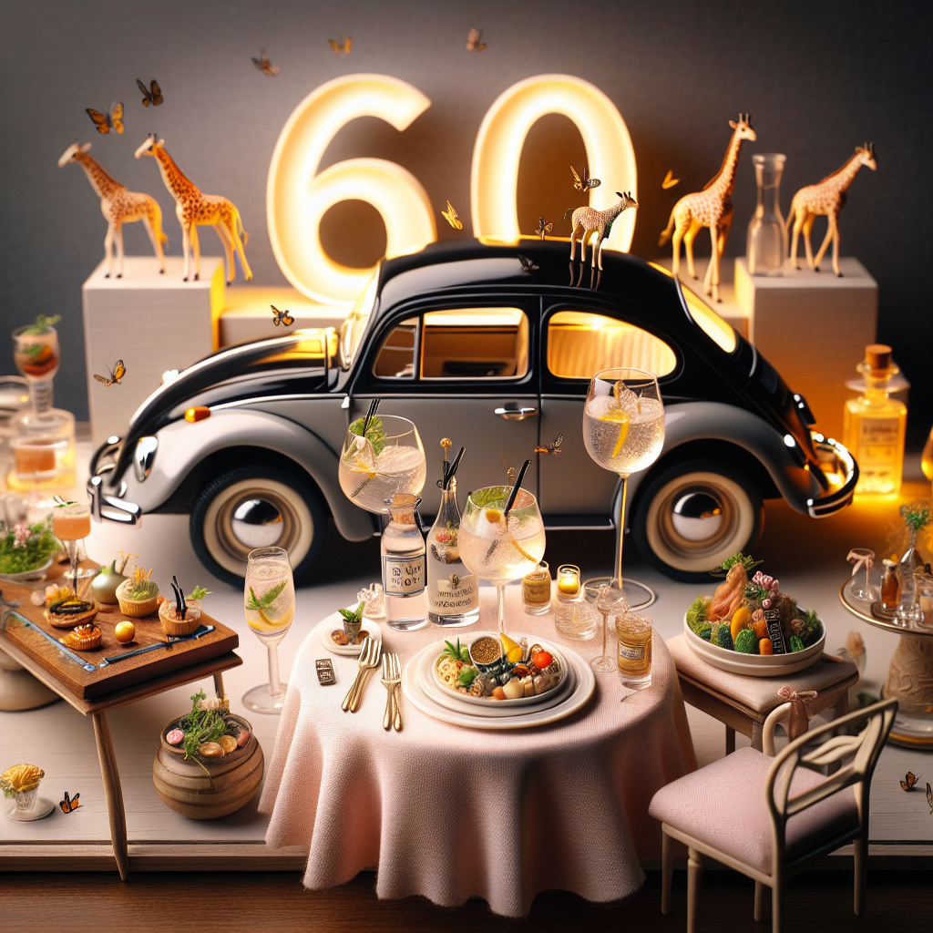 A cozy and realistic birthday setting featuring a classic VW Beetle as the centerpiece, whimsically adorned with tiny, hand-painted giraffes dancing around its vintage silhouette. A small table, covered with a delicate pastel fabric, is beautifully arranged with miniature gourmet food, a tribute to global cuisine meticulously prepared. A curated selection of cocktails and gin tasting options are strategically placed, each vessel sparkling in the light suggesting a sophisticated experience. Subtly integrated into the backdrop is the number '60', displayed either as a graceful ice sculpture or a gentle light projection, acknowledging an important anniversary with a blend of refinement and light-hearted fun.
Generated with these themes: Vw beetle, Giraffes , Cocktails , 60, Food, and Gin.
Made with ❤️ by AI.