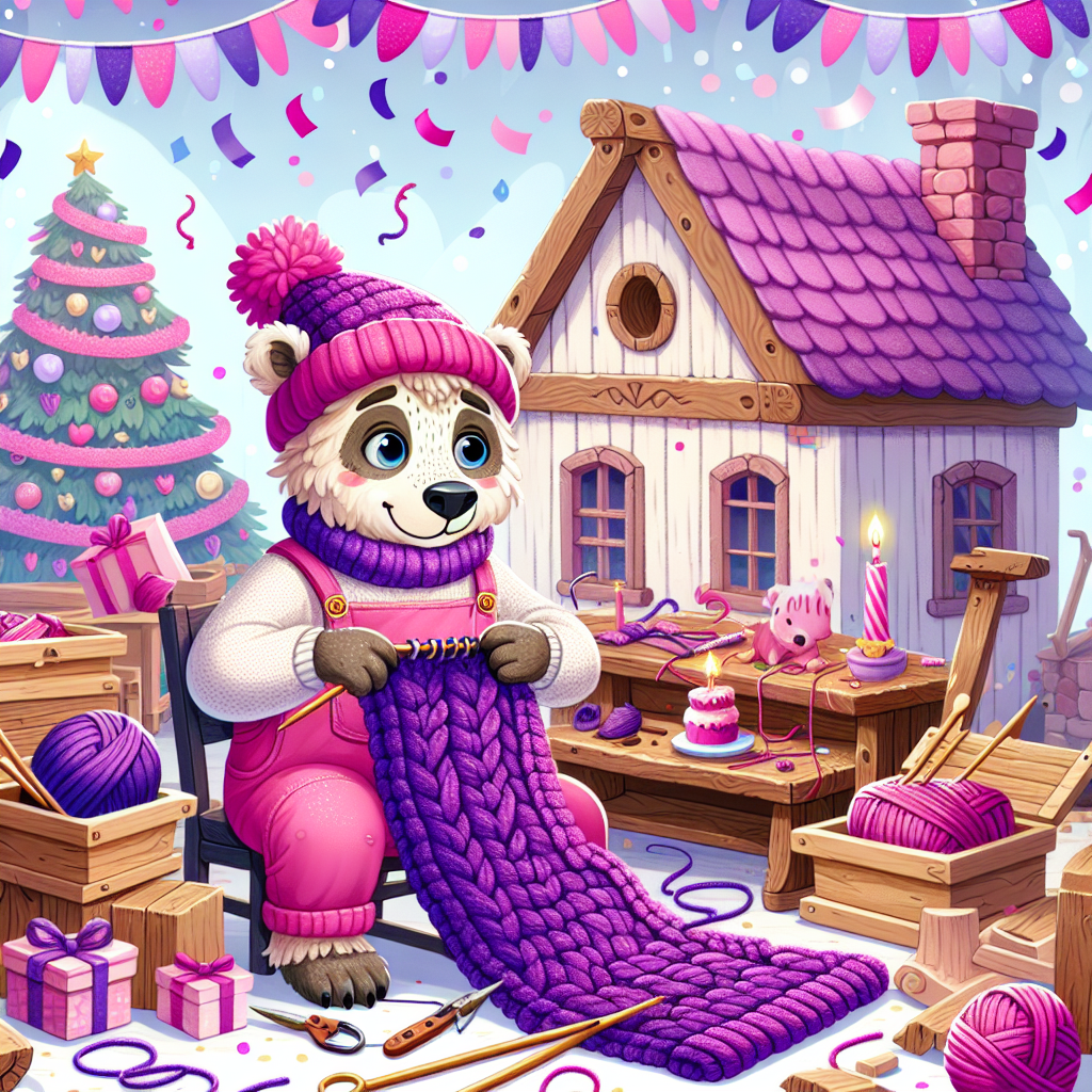 Illustrate a scene capturing a joyful birthday celebration where a distinctive animal dressed in pink overalls is busy knitting a large purple sweater. There is a picturesque wooden workbench filled with assorted carpentry tools and partially completed wooden works in the backdrop. With the air filled with purple streamers and confetti, it enhances the vibrant pink and purple festive theme of the birthday.
Generated with these themes: Woodworking , Knitting, Pink overalls , and Purple.
Made with ❤️ by AI.
