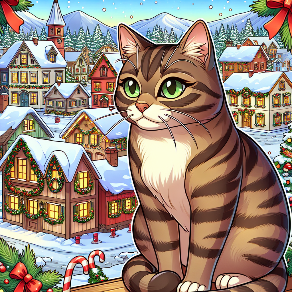 A charming adult cat with a svelte brown tabby coat is the centerpiece of this Christmas cartoon scene. The cat, exuding elegance with its slender build and enchanting green eyes, sits surrounded by a picturesque village dusted with snow. Festive wreaths and red ribbons complete the yuletide atmosphere as the cat gazes out peacefully.
.
Made with ❤️ by AI.