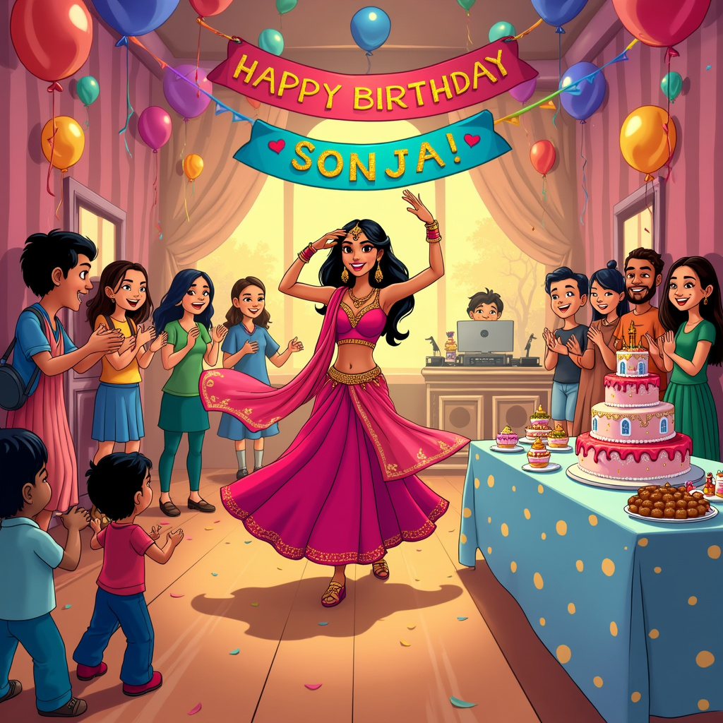 The scene is set in a lively and colorful party hall, bursting with Bollywood glamour and cartoonish charm. Picture a spacious room filled with vibrant decorations – think colorful streamers and balloons in hues of red, gold, and purple, creating a festive atmosphere. 

In the center of the scene is Sonja, the star of the show, depicted as a cheerful female Bollywood dancer. She’s dressed in a dazzling costume: a bright pink lehenga with gold embroidery, sparkling bangles on her wrists, and a flowing dupatta draped over her shoulders. Her animated pose captures mid-dance with one hand elegantly raised above her head and the other extending outward, while one foot is gracefully poised in a classic dance step.

Surrounding Sonja are jubilant party guests, both kids and adults, who are clearly enjoying the celebration. They’re illustrated with expressions of delight, clapping their hands and cheering her on. Among them, you can see a variety of characters inspired by the works of the listed artists – a mix of Peanuts-style round-faced kids, Calvin and Hobbes-like mischievous children, and a few adults with that distinctively exaggerated Gary Larson (The Far Side) look.

Hanging above them, stretching across the top of the scene, is a large, colorful banner that reads "Happy Birthday Sonja!" in playful, glittery letters. Just below it, another smaller banner proudly declares, "Birthday to our Dancing Queen," adorned with little Bollywood-themed doodles like sitars and tablas.

On the right side of the scene is a long table covered with a bright, polka-dotted tablecloth, overflowing with an array of delicious-looking cakes and treats. The centerpiece is an extravagant birthday cake shaped like a Bollywood palace, complete with mini towers and decorated in pastel colors. The cake is surrounded by other goodies like cupcakes topped with mini Bollywood dancers and an assortment of traditional Indian sweets like laddus and jalebis.

Adding more detail to the lively atmosphere, there's a DJ booth in the background where a cartoonish DJ is spinning some Bollywood tunes, adding to the energy of the scene. Behind the DJ, you can spot a wall adorned with more decorations – posters of famous Bollywood movies, fairy lights, and garlands.

Overall, this scene is a delightful and whimsical celebration, packed with quirky details that bring the birthday party to life, inspired by the imaginative storytelling and vibrant styles of the mentioned artists.
Generated with these themes: Female Bollywood dancer at a party,Banner Happy Birthday Sonja  ,Birthday to our dancing queen ,Birthday with cake & decorations.
Made with ❤️ by AI.