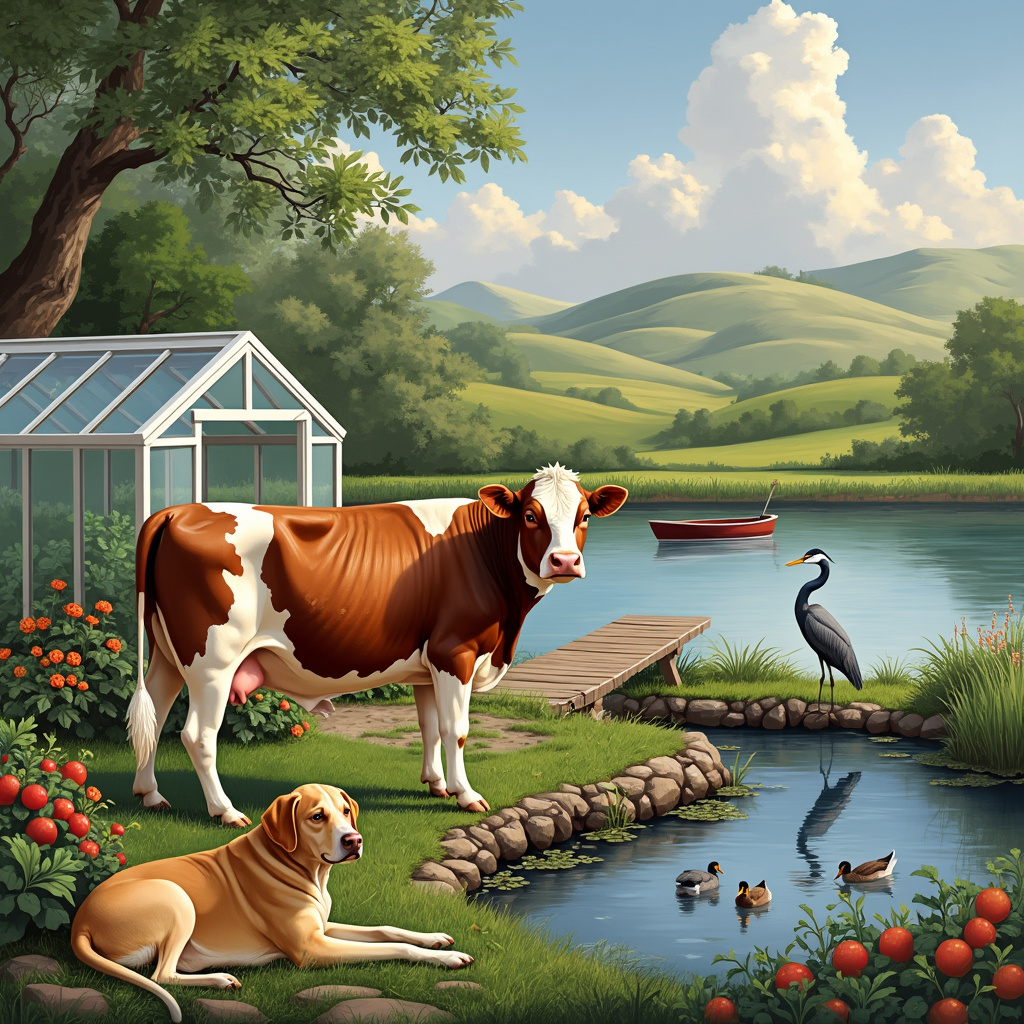 In the forefront of the scene, an elderly Hereford cow stands serenely by the edge of a lush, well-tended vegetable garden, its coat a rich mix of browns and whites. Near her hooves, a skinny yellow Labrador lounges contentedly, its ears perked up as if it’s listening to the faint sounds of nature. To the right, a small greenhouse, with glass panels reflecting the midday sun, showcases rows of vibrant vegetables—plump tomatoes, leafy greens, and bright orange carrots. Behind the cow and Labrador, a calm lake glistens under the sunlight, its surface gently rippling. 

On the lake’s shore, a heron stands on one leg, its long neck curved elegantly as it peers into the water, perhaps in search of fish. A pair of ducks swim leisurely nearby, their reflection perfectly mirrored in the clear water. In the distance, beyond the lake, rolling hills stretch out, dotted with patches of wildflowers and tall, swaying grasses. A small wooden dock extends into the lake, with a rowboat tied to it, suggesting a peaceful day of fishing or simply drifting on the water.

Every element tells a story of harmony and simplicity, with each animal and object contributing to the serene yet vibrant tableau. The Hereford cow and Labrador, symbols of companionship, rest near the greenhouse which symbolizes growth and nurture, while the heron and ducks by the lake add a touch of natural elegance and tranquility.
Generated with these themes: Hereford cow, Skinny yellow Labrador, Heron, Ducks, Green house, Lake, and Vegetables.
Made with ❤️ by AI.