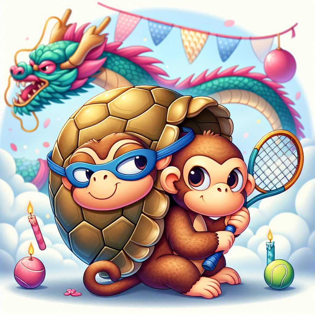 Create an image that captures a whimsical cartoon scene. The central character is a playful, adventurous monkey comfortably wearing a tortoise shell as an unusual form of protection. This monkey has ninja-style eyewear, perfectly encapsulating its mischievous and fun-loving charm. It has two items in its hands, a tennis racket ready for a fun match and a sword representing its readiness to leap into any adventure. In the background, a magnificent dragon, colored in soft hues, gives the image a fantasy touch. This festivity is further accentified by the celebration of a newborn.
Generated with these themes: Monkey wearing a tortoise shell, who has ninja eyewear on, playing tennis and holding a sword and theres a dragon in the distant background .
Made with ❤️ by AI.
