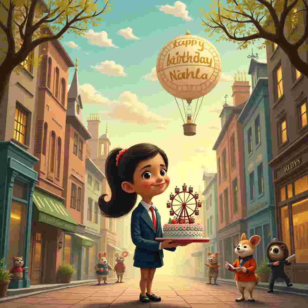 In the foreground of the scene, we have a busy, professional, yet undeniably cute girl named Nahla. She is dressed in a chic, tailored business suit with playful polka dot patterns, blending both sophistication and whimsy. Nahla stands confidently on a bustling cobblestone street that has the whimsical charm of a scene straight out of a Beatrix Potter storybook. In her hands, she holds an intricately decorated birthday cake, topped with a miniature Ferris wheel that is made of spun sugar, its tiny carriages rotating with little celebratory figures waving gleefully. The cake is adorned with pastel-colored icing flowers and delicate, candy-scripted "Happy Birthday" letters around the edges. Above Nahla, suspended in the surreal sky that shifts from twilight to dawn, are fluffy, swirling clouds spelling out "Happy Birthday Nahla" in golden, shimmering letters. The street is animated with a quirky parade of characters, inspired by Edward Gorey’s eccentric figures and Quentin Blake's lively illustrations—there's a small, dapper fox in a waistcoat balancing a teacup on his head, and a hedgehog in spectacles reading a book as he ambles by. Surrounding this lively street scene, towering pastel-colored buildings with Art Nouveau-inspired facades stretch upwards, their windows aglow with the warm, inviting light reminiscent of Maxfield Parrish's enchanting atmospheres. In the background, silhouetted trees with winding, gothic branches reminiscent of Arthur Rackham’s style frame the street, their leaves fluttering like confetti in the gentle breeze. A magical hot air balloon drifts by in the distance, its balloon painted with a large clock face, its hands spinning whimsically, capturing the essence of both the busy world Nahla inhabits and the timeless joy of birthdays.
Generated with these themes: busy professional cute girl holding a birthday cake .
Made with ❤️ by AI.