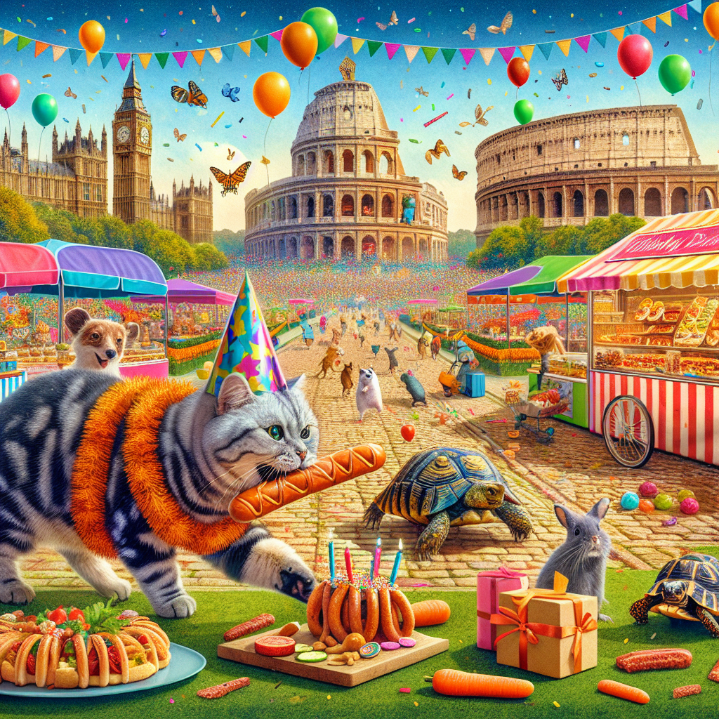 Set within a vibrant city park, our birthday illustration showcases a joyful procession of pets—a tabby cat chasing a sausage link garland, a turtle with a birthday hat, and a hamster munching on a carrot. The park scene merges with a bustling food festival, complete with stalls of treats and balloons, and backdropped by a collage of global landmarks such as the Colosseum and Mount Fuji.
Generated with these themes: Pets / Food / Places.
Made with ❤️ by AI.