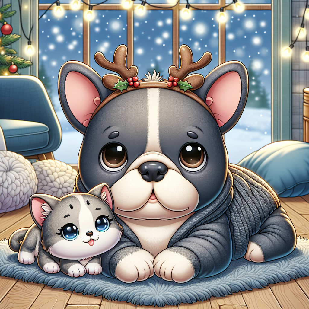 The scene unfolds in a cozy cartoon living room, where a grey French Bulldog with a chubby build and soulful dark brown eyes lies serenely beside a mischievous kitten. Both are wearing tiny reindeer antlers, surrounded by twinkling Christmas lights and soft falling snow visible through the window.
.
Made with ❤️ by AI.