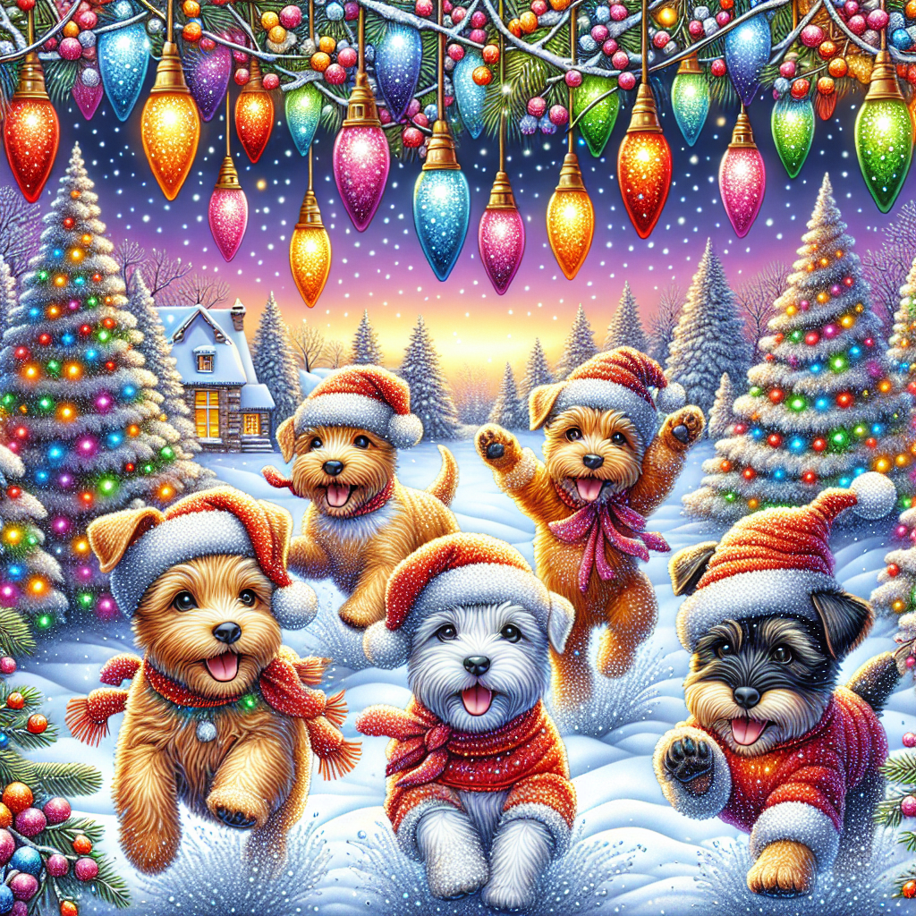 A charming Christmas illustration depicts a snowy village landscape with joyful terriers wearing santa hats. The pups frolic among decorated trees, their fur dusted with snowflakes. Decorative lights dangle above, reflecting a warm, festive glow on their playful antics.
Generated with these themes: terriers.
Made with ❤️ by AI.