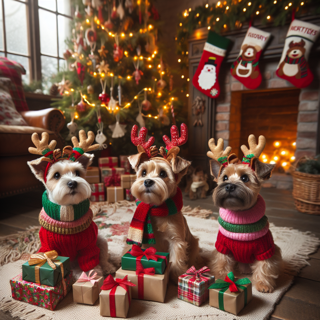In this heartwarming Christmas-themed illustration, a group of adorable terriers, wrapped in colorful scarves and tiny reindeer antlers, excitedly opens gifts beneath a twinkling tree. The cozy room is filled with holiday cheer, as stockings hanging from the mantelpiece bear the canines' names.
Generated with these themes: terriers.
Made with ❤️ by AI.