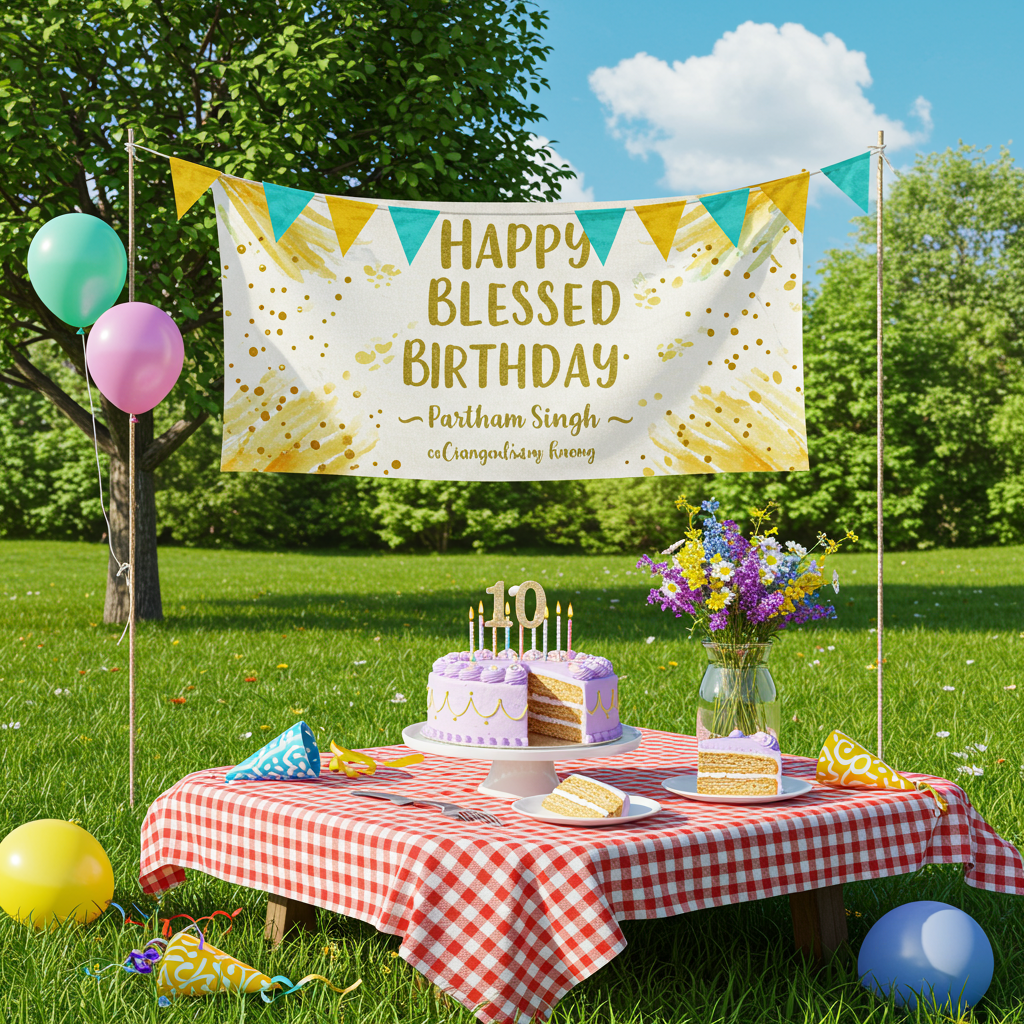 **Front Cover Design: "Happy Blessed Birthday"**

1. **Background**: The scene is set in a lush, sunlit garden, with vibrant green grass stretching across the ground. In the background, there's a tall, flourishing oak tree with broad, emerald leaves swaying gently in the breeze. Behind the tree, a bright blue sky is painted with fluffy, white clouds resembling playful animals.

2. **Centerpiece**: In the foreground, there is a round, tiered birthday cake placed on a picnic table draped with a red-and-white checkered tablecloth. The cake is adorned with intricate frosting designs in shades of lavender and gold. It has a glittering gold number on top, signifying the celebrant's age, surrounded by small, delicate sugar flowers in pastel pinks and blues.

3. **Banner**: Above the cake, strung between two poles, is a colorful fabric banner. Each triangle of the banner alternates between sunny yellow and rich teal. The text "Happy Blessed Birthday" is hand-painted in bold, elegant white letters across the banner. 

4. **Text Element**: Below the "Happy Blessed Birthday" text on the banner, in smaller script but still prominent, the name "Partham Singh" is creatively included. It's nestled within a swirl of painted gold confetti designs on the banner, giving it a celebratory feel.

5. **Additional Details**: Scattered around the cake are vibrant party poppers, half-buried in the grass, their bright ribbons splayed in a burst of rainbow colors. A couple of whimsical helium balloons, in shapes of hearts and stars, float above the table, their reflective surfaces capturing the warm glow of the sun.

6. **Foreground Details**: On the table beside the cake, there's a small vase filled with freshly picked wildflowers, their delicate petals ranging from deep purple to bright yellow. A slice of cake on a white plate rests nearby, a fork with a morsel ready to be enjoyed.

This lifelike scene captures a charming, detailed snapshot of a joyous birthday celebration, with nature and celebration elements blending seamlessly.
Generated with these themes: Happy Blessed Birthday.
Made with ❤️ by AI.
