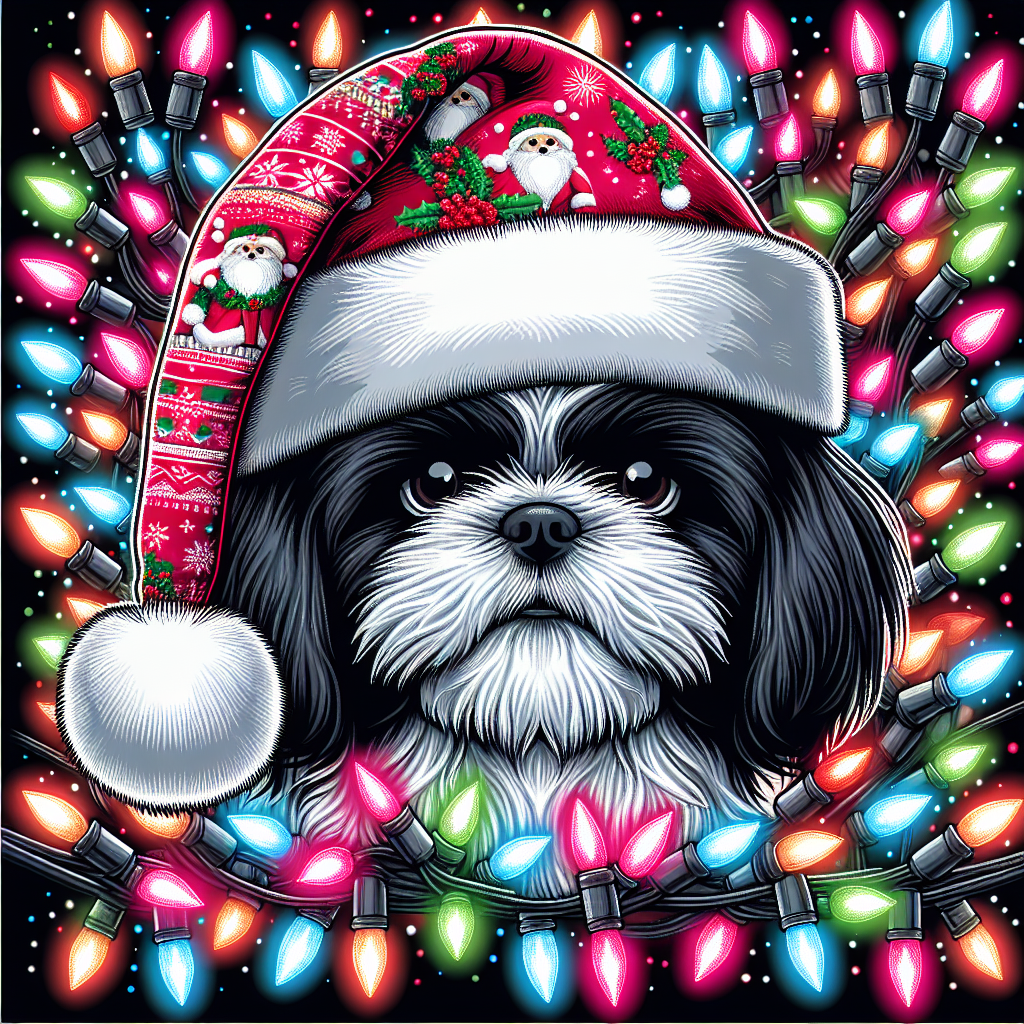 In this vector-style Christmas illustration, a Shih Tzu dog is at the center, surrounded by holiday cheer. The dog's black and white coat contrasts with the colorful lights and decorations, while its face is partially obscured by a Santa hat, rendering the eyes invisible.
.
Made with ❤️ by AI.