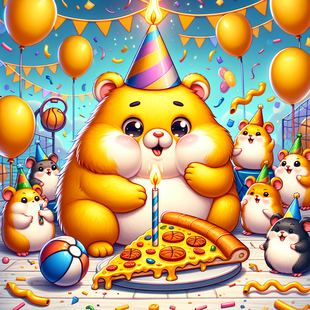 This is a captivating celebration illustration. In this, a yellow, chubby, cheeky cartoon creature takes the spotlight. It's wearing a birthday hat, and its similar fantasy animal friends encircle it, engaging in a game with a basketball. Off to one side, a hamster is extinguishing the candle on a pizza slice, uniquely shaped like a basketball, introducing the sports theme. Balloons hover above while an array of streamers and party decorations in the background provide the finishing touches to the cheerful atmosphere.
Generated with these themes: Pokémon characters, Basket ball, Hamsters, and Pizza.
Made with ❤️ by AI.