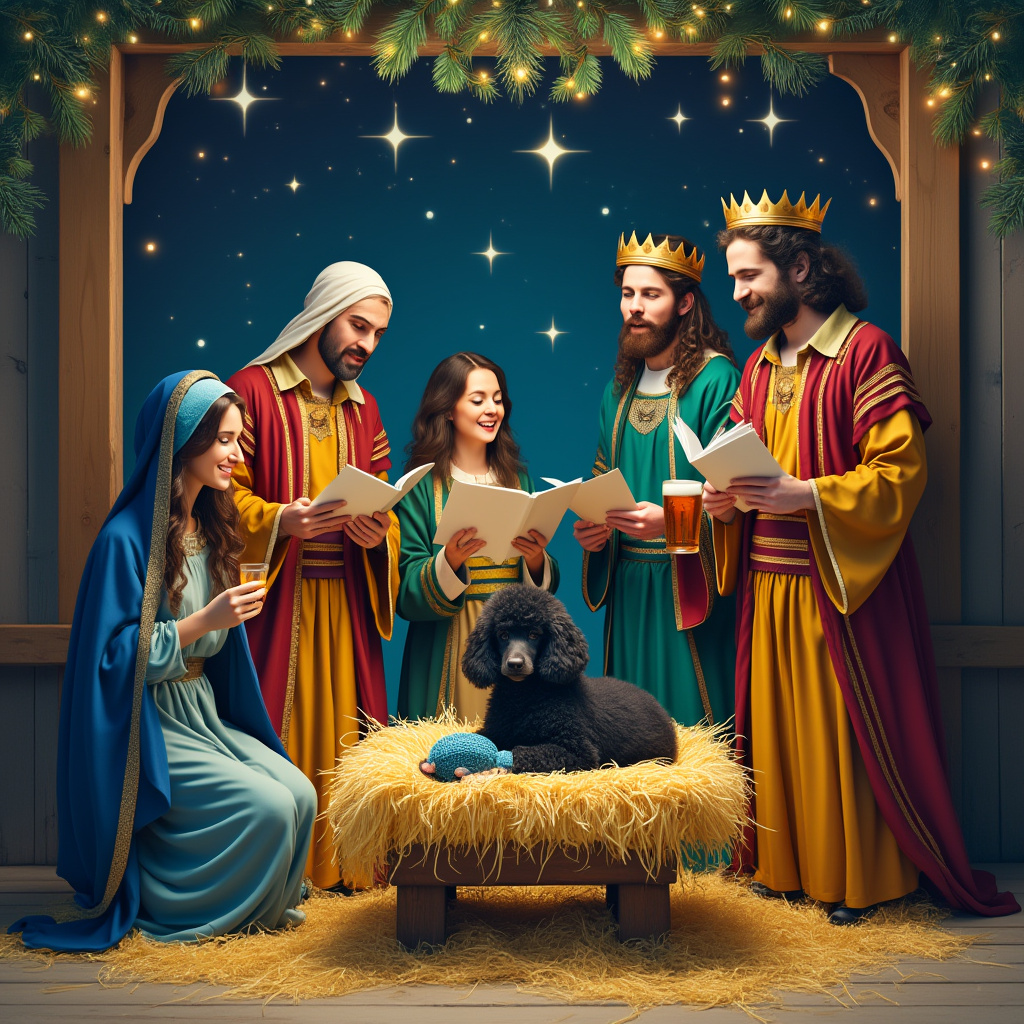 The scene is a whimsical reinterpretation of the classic Nativity, set beneath a beautifully starlit night sky dotted with twinkling stars. In the center, the humble manger is transformed into a cozy, straw-lined bed for a delightfully fluffy black poodle, its dark curls contrasting with the golden hay. The poodle wears a tiny, shiny red bow on its ear, adding a touch of festive charm. To the left, Mary is seated on a rustic wooden stool, her expression serene as she diligently knits a small, vibrant blue sweater. Her traditional attire is gently draped with a deep blue cloak, reminiscent of her iconic image. On her right, Joseph stands with a merry twinkle in his eye, sporting a Hull City Tigers football shirt that is unmistakably vibrant in its amber and black stripes. His left hand clasps a pint glass filled with frothy ale, his pose relaxed and jovial. 

Beside them, the three Wise Men are engaged in a harmonious serenade, their voices rising from hymn sheets they hold delicately in their hands. Each of them is dressed in elaborate robes, richly textured with gold, crimson, and emerald hues, with their crowns glinting under the celestial light. The trio is animated, leaning slightly towards one another, deeply absorbed in the carol they're singing. Behind this animated gathering, a backdrop of an old wooden barn wall is festooned with a garland of pine branches and glimmering fairy lights, casting a warm glow over the scene. The atmosphere is alive with both traditional and quirky elements, creating a visually enchanting Christmas card cover.
Generated with these themes: Nativity scene, Mary knitting, Black poodle in manger, Joseph wearing Hull City Tigersfootball shirt and holding a pint, 3 wise men , and 3 wise men singing from hymn sheets while Mary knits and Joseph holds pint wearing Hull City Tigersfootball football top and black poodle in the manger.
Made with ❤️ by AI.