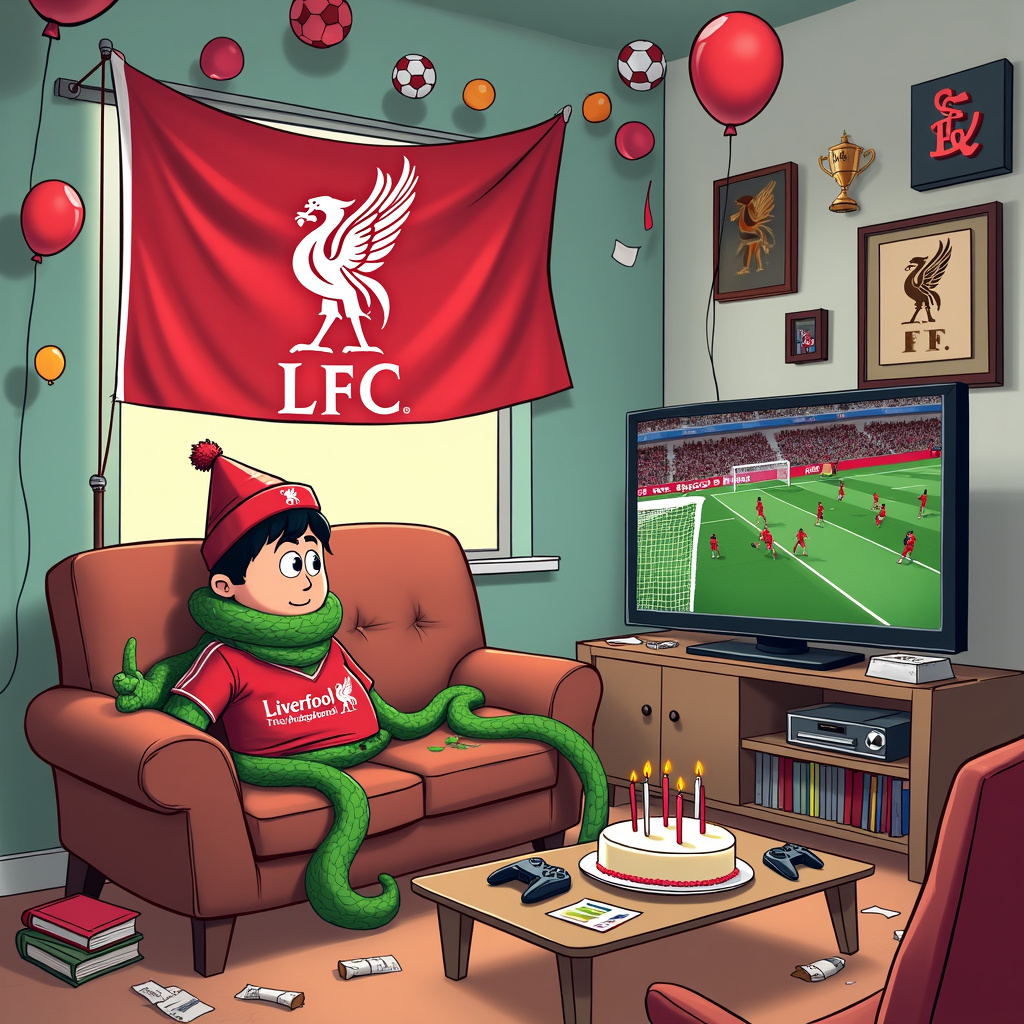 Sure, here is a detailed description of the scene for the birthday greeting card:

---

**Scene Description:**

The setting is a whimsical living room where the magic of football, video games, and programming comes alive in a hilarious birthday celebration. The room is adorned with Liverpool FC memorabilia; a large flag with the iconic Liverbird emblem hangs proudly on the back wall. Below it, a comfy couch is shaped like a football boot, with intricate stitching resembling the classic design of Liverpool’s jerseys. 

On the couch, a cartoon character dressed in a Liverpool FC jersey and scarf is sitting, looking slightly perplexed. This character has a tangled python coiled around their body, with the python's head looking curiously at the TV screen. The python, with wide, googly eyes, is wearing a tiny Liverpool FC beanie, adding a touch of humor.

In front of the couch, there's a coffee table cluttered with birthday paraphernalia – a half-eaten birthday cake in the shape of Anfield stadium, a scattering of party poppers, and a couple of Xbox controllers. One controller has been taken over by another character – an anthropomorphic Xbox console with legs and arms, dressed in Liverpool shorts, and a celebratory party hat. The Xbox console character has a cheeky grin on its face as it tries to wrestle control of the game from the python’s tail, which is comically pressing random buttons.

The TV screen in front of them is split-screen, showing a football match on one half and lines of Python code on the other. The football match features tiny, cartoon versions of Liverpool FC players, mid-action, while the code is humorously interspersed with doodles of footballs and player avatars. In one corner of the room, there's a bookshelf filled with football trophies and Python programming books, haphazardly mixed together.

Finally, balloons float in the air, each one shaped like a football, with some featuring the Liverpool crest and others displaying Python code snippets. Streamers in red and white (Liverpool colors) dangle from the ceiling, adding to the festive chaos.

---

This scene captures the quirky, humorous intersection of football fandom, birthday celebration, and a love for coding and video games, brought to life with vibrant, cartoonish detail.
Generated with these themes: Liverpool fc, Football, Python, and Xbox.
Made with ❤️ by AI.