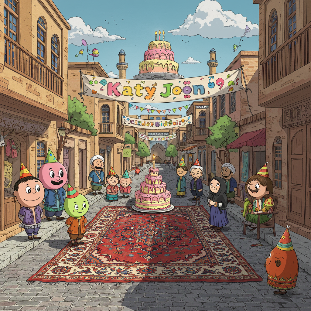 In the bustling streets of Rasht, imagine a vibrant and lively birthday celebration unfolding in a cartoonish, exaggerated style. Picture a cobblestone street bustling with quirky, balloon-like characters donning colorful party hats. They have exaggerated, playful features—enormous, round eyes, bulbous noses, and wide, friendly grins reminiscent of Charles Schulz's Peanuts gang and Bill Watterson’s Calvin and Hobbes. 

A large, ornate Persian rug spreads across the street, serving as the central party area. The rug is intricately designed with vibrant reds, deep blues, and rich golds, swirling in mesmerizing patterns. At the center, an oversized birthday cake stands tall, towering like a tiered pagoda. It’s frosted in a cascade of bold, cartoonish colors: lime green, bubblegum pink, and electric blue, reminiscent of Osamu Tezuka’s vibrant style. 

Floating above the scene is a sky filled with whimsically exaggerated clouds in soft pastels, echoing the dreamy worlds of Winsor McCay's Little Nemo. In this sky, a large, cheerful banner waves gently, with the words "Katy joon" emblazoned in a bold, playful font that arches across the scene. The letters are designed to resemble whimsical balloons, each in a different bright color, from sunny yellows to lively purples. 

On either side of the street, quaint, cartoonish buildings with exaggerated, curved roofs, reminiscent of R. Crumb's comix style, are adorned with strings of colorful lights that twinkle like tiny, festive stars. The scene is a playful nod to the architectural charm of Rasht. 

Nearby, a group of Rasht locals in traditional attire are joyously animated, sharing the moment with exaggerated movements and interactions. Their attire features vibrant, exaggerated patterns and bright hues, a nod to Art Spiegelman’s detailed approach. The scene is set with bustling activity, making it a delightful, lively homage to both Rasht and classic cartoon artistry.
Generated with these themes: Rasht.
Made with ❤️ by AI.