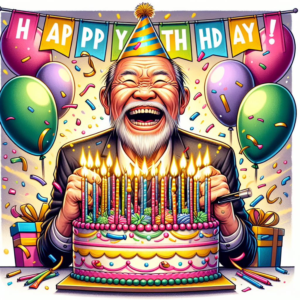 Create a humorous illustration of an East Asian uncle at the centre of a birthday party scene. He's laughing, wearing a colourful party hat that's slightly tilted. He's surrounded by an array of balloons and fluttering confetti. In front of him, there's a large, dazzling birthday cake with far too many candles to count, indicating his old age in an exaggerated way. A festive banner at the back boldly proclaims 'Happy Birthday!' in a spirited, fun font.
Generated with these themes: Uncle.
Made with ❤️ by AI.