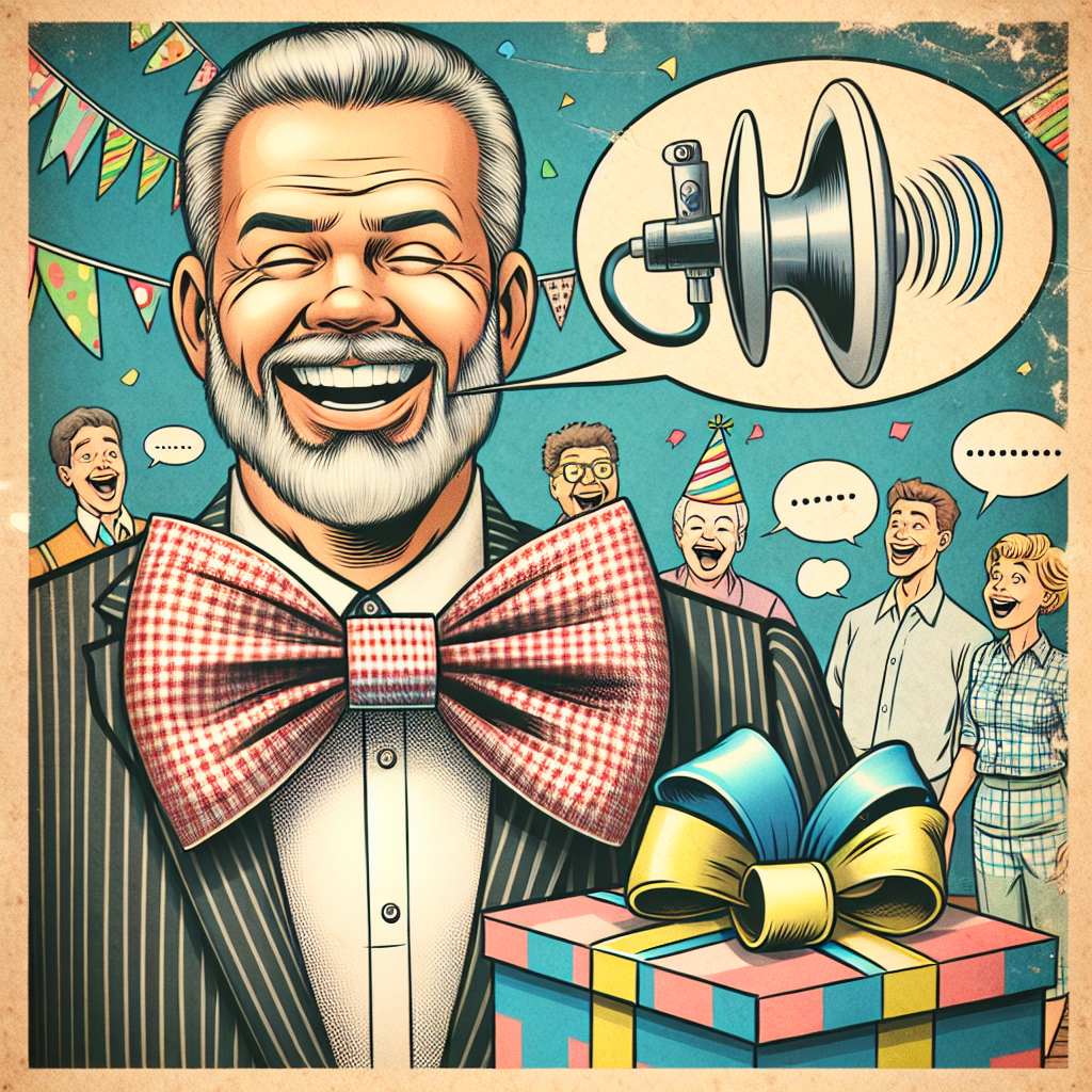 Create a whimsical image showcasing a birthday scenario. A middle-aged Caucasian man, identified as an uncle, is wearing a comically large bow tie, grinning ear to ear. He is holding a gift box that appears to be emitting a peculiar sound. This sound has piqued the curiosity of everyone at the party. The surroundings are decked with cartoon-like party decorations. In the background, there are several speech bubbles, containing the lively chatter and laughter of unseen family members, suggesting a jovial atmosphere.
Generated with these themes: Uncle.
Made with ❤️ by AI.
