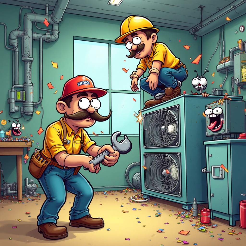 At the top of the Cartoon Style image, include the text: "sal & brandon".

**Image Description:**

Imagine a bustling scene inside a brightly colored cartoon workshop filled with exaggerated HVAC units, ducts, and vents, all with eyes and cheerful expressions. Two playful cartoon characters, Sal and Brandon, are animatedly interacting with the HVAC systems. Sal, a quirky character with a wild mustache and oversized toolbelt, is holding a giant wrench, while Brandon, sporting a comically oversized safety helmet, is balancing on top of a mischievous air vent that's trying to wiggle away. 

The entire workshop is abuzz with movement and laughter as various HVAC components spring to life, playfully blowing out bursts of confetti instead of air. Bright primary colors dominate the scene, giving it a lively, energetic feel.

Add a cheeky line to the image: "Keeping it cool, one birthday at a time!"
Generated with these themes: Hvac installer, and .
Made with ❤️ by AI.