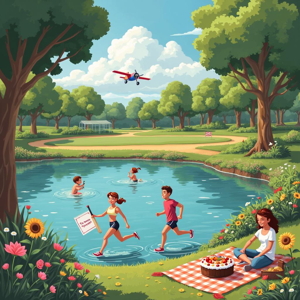In a vibrant park scene, tall, leafy oak trees stand gracefully on both sides, creating a natural frame that enhances the beauty of the surroundings. In the middle distance, a sparkling lake with crystal clear water invites viewers to witness Joss and Nick as they enjoy a refreshing wild swim. The water shimmers gently, reflecting the bright blue sky above, which features fluffy white clouds intricately woven with the message, "Happy Anniversary Joss and Nick!" 

In the foreground, a winding running track showcases Joss and Nick jogging together, their matching athletic gear and radiant smiles radiating joy and health. On the right side of the scene, a colorful garden bursts with vibrant flowers—roses, daisies, and sunflowers—where Joss can be seen picking a flower to present to Nick, adding a sweet touch to their special day. To the left, a lively cricket pitch captures the excitement of a game in progress, with Nick batting while Joss cheers enthusiastically from the sidelines, holding a sign that reads, "Go Nick!" Above them, a charming cartoon airplane soars through the sky, towing a banner that proclaims, "To many more adventures!"—a playful nod to their shared passion for travel.

At the bottom center of the scene lies a delightful picnic setup, featuring a checkered blanket and a picnic basket brimming with delectable food. A beautifully decorated cake sits on the blanket, adorned with the words, "Happy Anniversary Joss and Nick!" This idyllic setting captures the essence of togetherness and celebration, making it a perfect tribute to their love.

Generated with these themes: Park Run, Wild Swim, Cricket, Travel, and Garden.  
Made with ❤️ by AI.